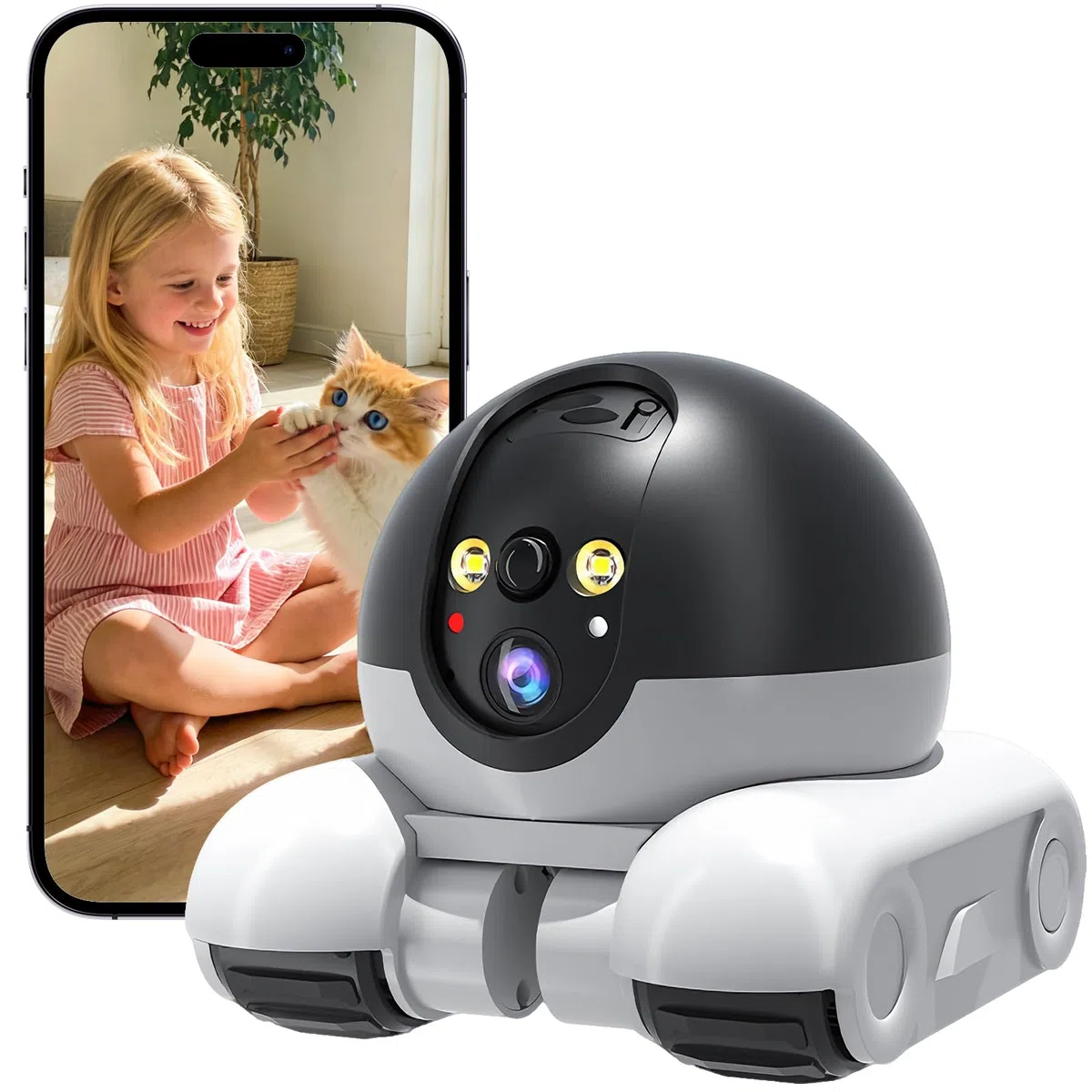 Robot Camera, 1080P Duales Cámara Robot para Mascotas con Audio 2 vías, Visión Nocturna, Reconocimiento de Movimiento, Grabación de vídeo, Control de Aplicaciones para Gatos, Perros, Bebé