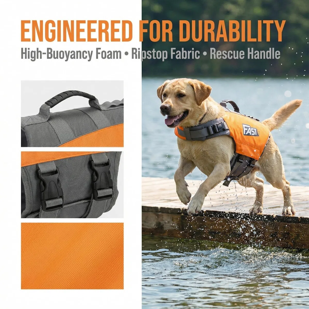 Chaleco Salvavidas para Perros - Chaleco Flotante Ajustable con Hebillas Seguras, Asa Resistente, Secado Rápido y Diseño Ligero para Natación y Actividades Acuáticas - Naranja (Large)