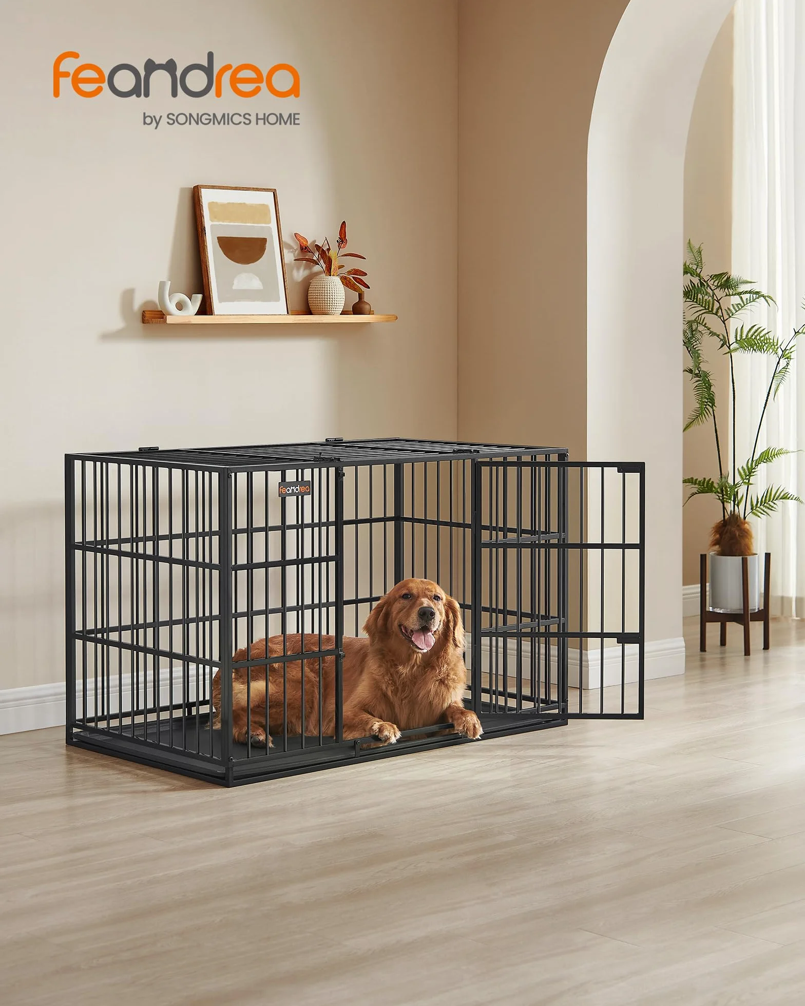 Feandrea Jaula Pesada para Perros, Jaula para Mascotas, 122 x 75 x 80 cm para Perros Medianos y Grandes, con Bandeja Extraíble, Doble Puerta, Fácil de Limpiar, Negro Tinta PPD006B01