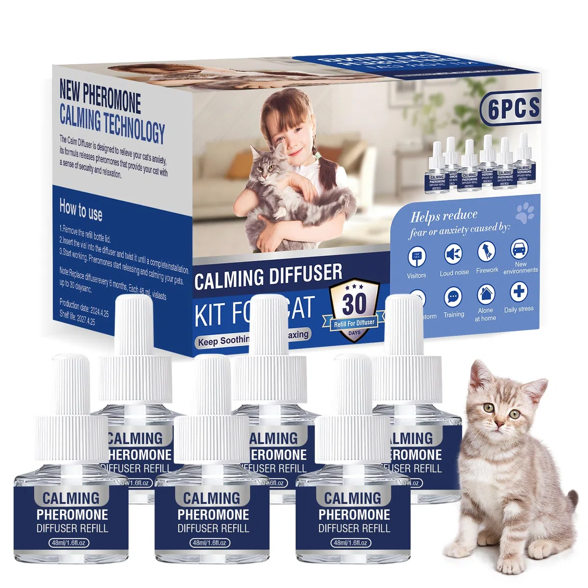 Feromonas para Gatos Anti Estres Tranquilizante Difusor Gato Calmante Perros Antiestres ArañAzos Soluciona Signos EstréS Miedos Cambios Marcaje Orina Conflictos Entre 6 X 48 Ml Recambios Insípido