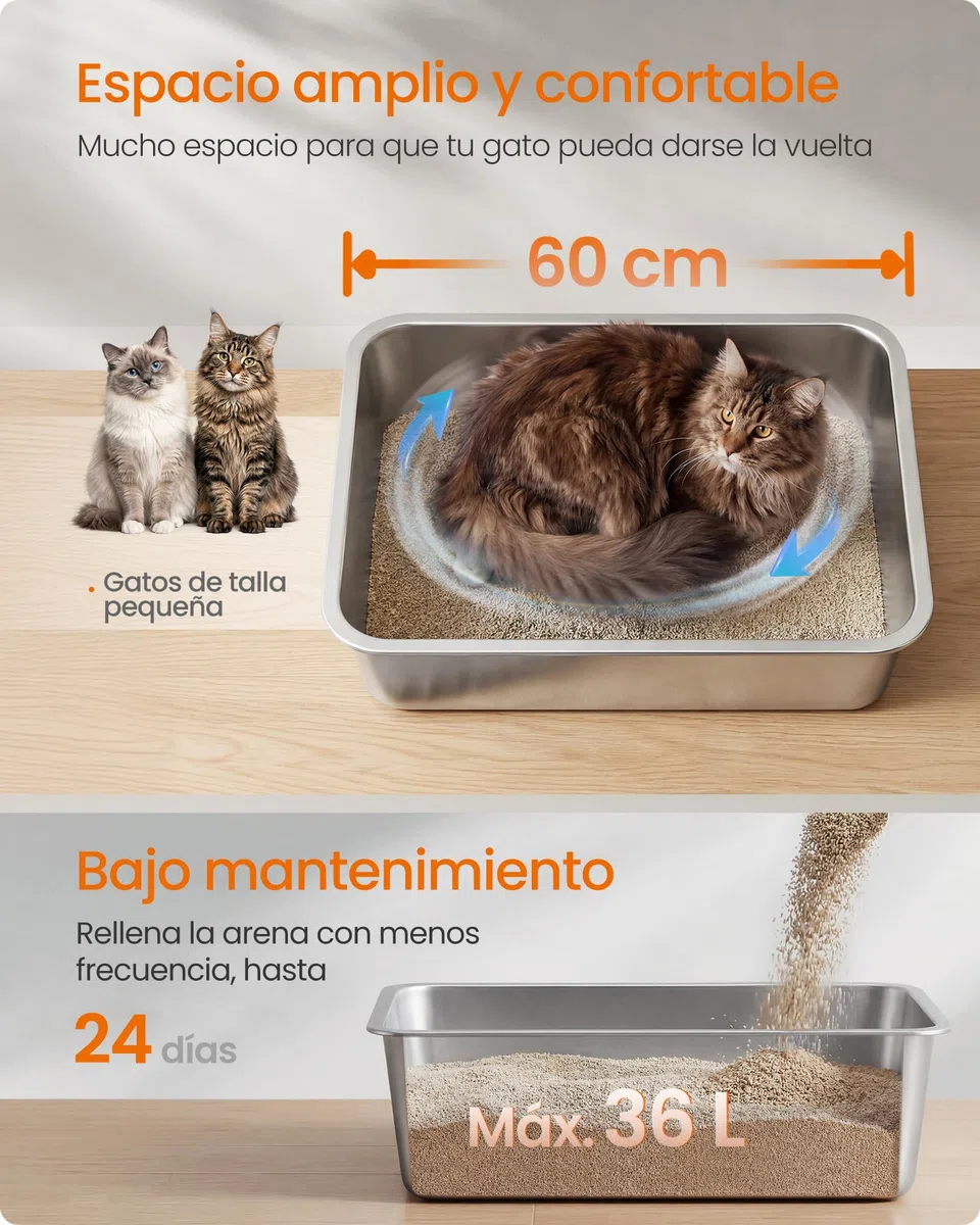 Feandrea Bandeja Sanitaria para Gatos de Acero Inoxidable, Arenero Abierto con Pala, 60 x 40 x 15 cm, para Gatos Grandes, Plateado PPT019E101