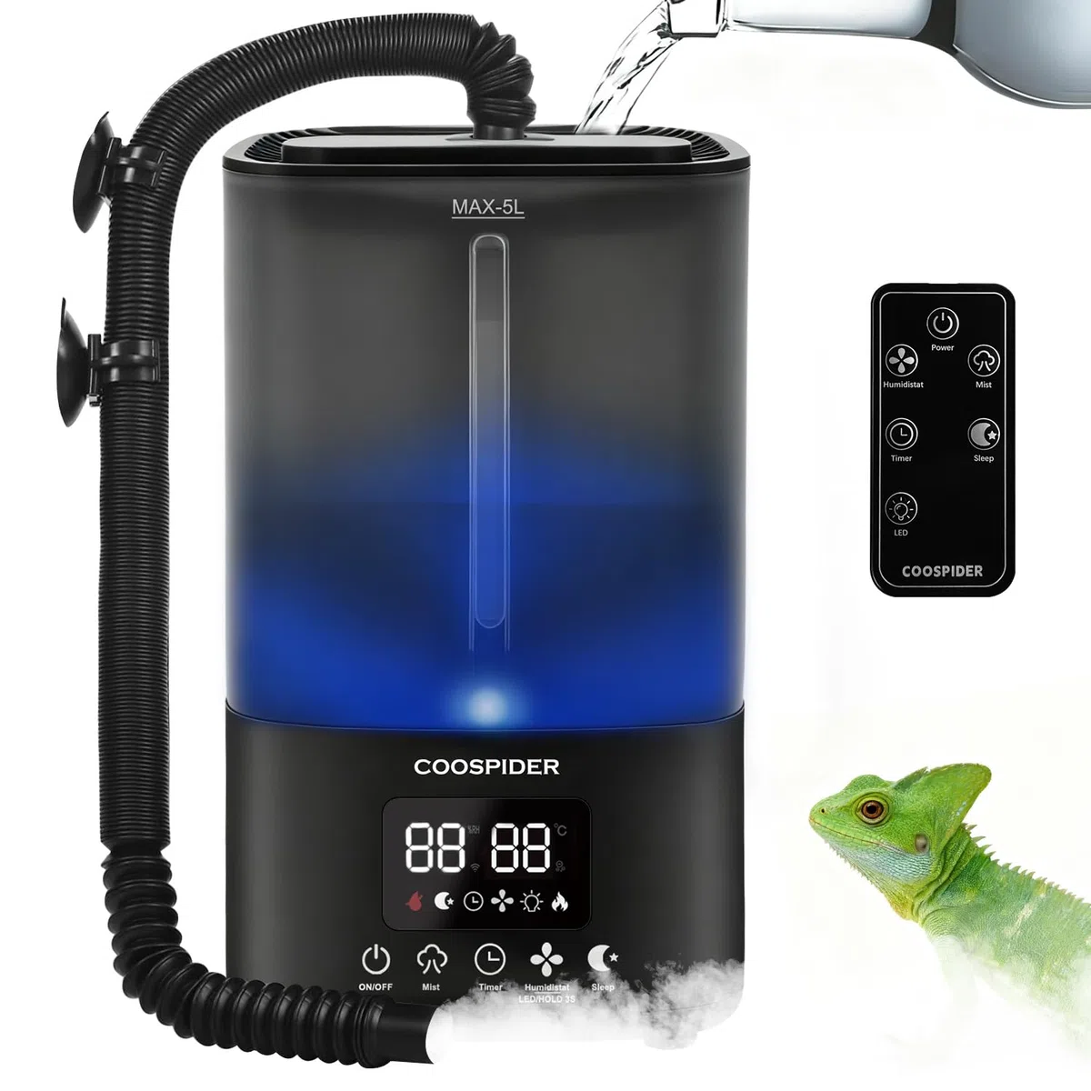 Tararium Nebulizador de terrario de 5 litros con temporizador y sensor de humedad – Humidificador automático de reptiles para serpientes, camaleones, tortugas – niebla ultrasónica silenciosa