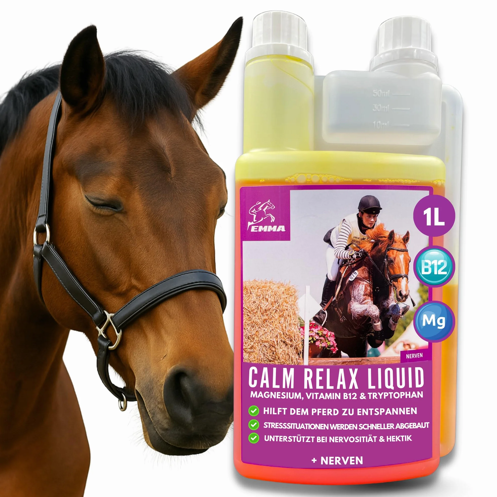 Magnesio Caballo Vitamina B12 I Calm I Antiestrés para calmar los Nervios I L Triptófano líquido I Vit B 12 para la ansiedad Relajación I para el Transporte I apoya la Calma Caballo nervioso Pony 1L