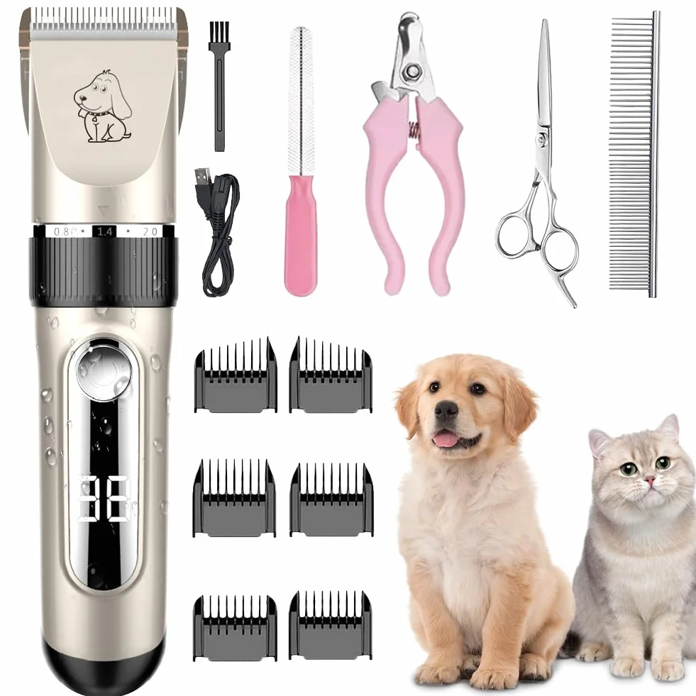 KAEFUYS 5 en 1 Máquina Cortar Pelo Mascotas Recargable IPX7 Impermeable Silenciosa y Velocidad Ajustable Cortapelos para Perros Profesional con Cortaúñas Peine Lima Tijeras y 6 Peines