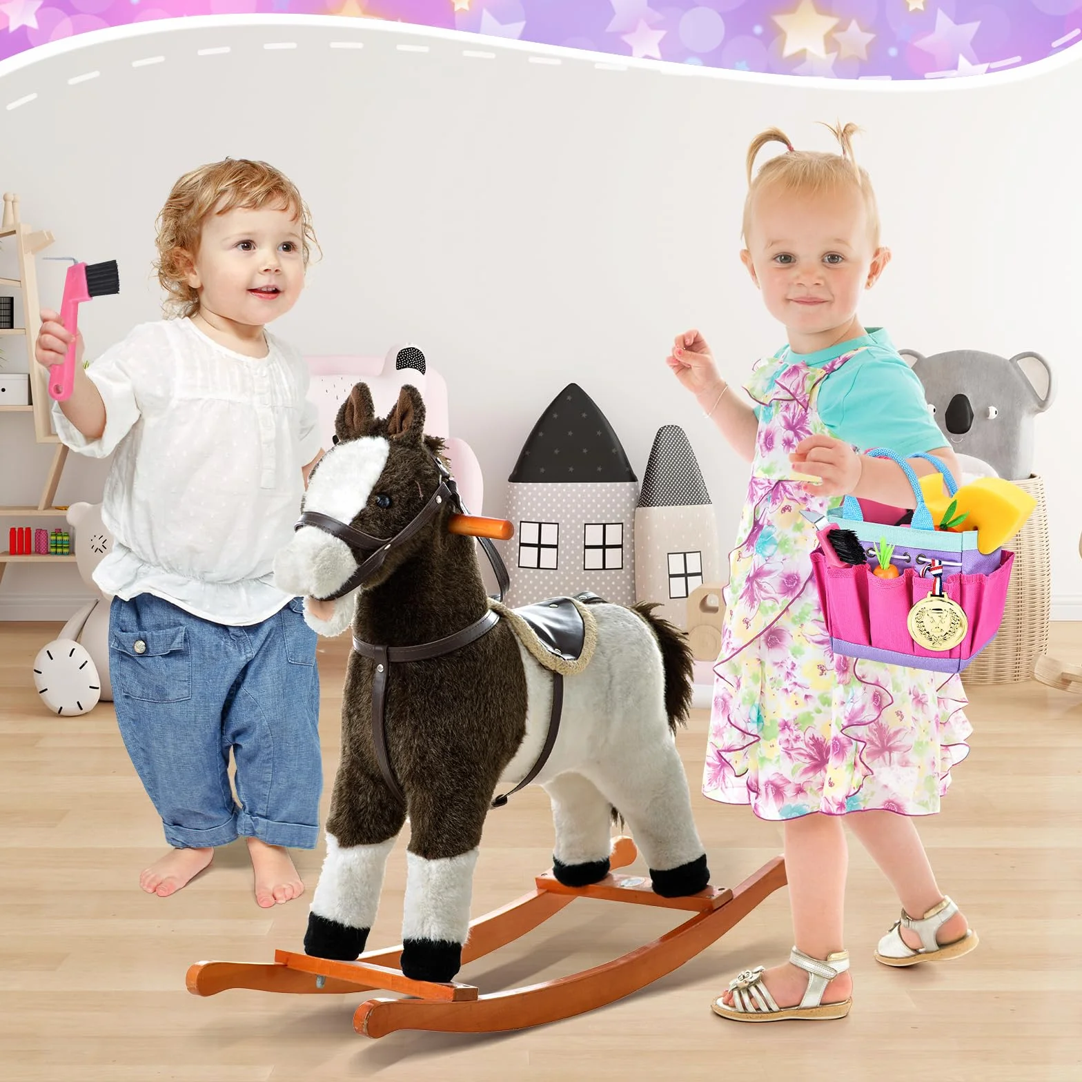 Joellfuner Kit de Cuidado para Caballos con Bolsa, Juguetes de Aseo para Niños, Accesorios para Caballos con Cepillo de Masaje, Raspador de Cascos con Cepillo