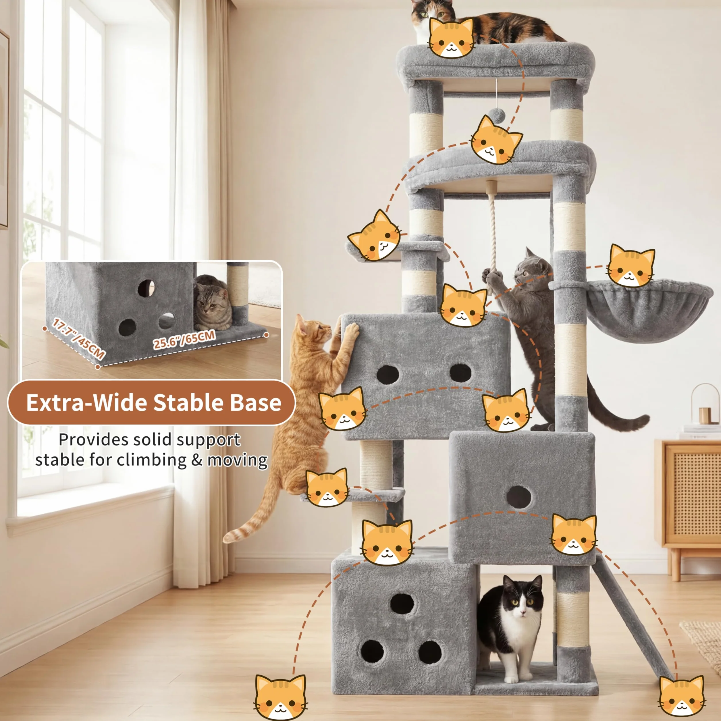 Heybly Rascador para Gatos XXL, 188 cm Árbol Rascador para Gatos Grandes, Torre de Múltiples Pisos, 3 Cuevas Escalonadas, Amplias Perchas Descanso, Postes y Tablas de Sisal, Gris Claro HCT061W