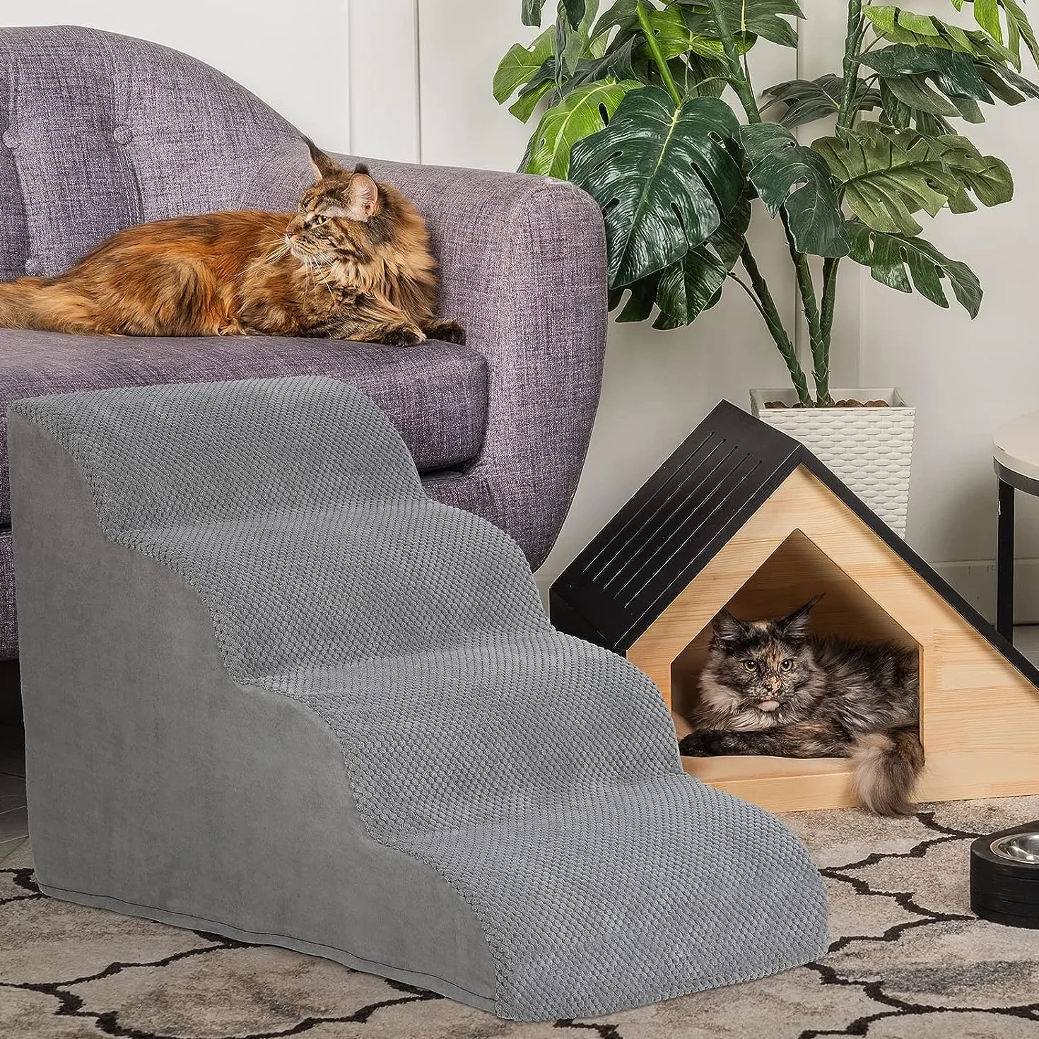 LIANTRAL Escalera y Rampa para Perros para Cama o Sofá, 4 peldaños de Espuma Alta Densidad con Funda Lavable y Rodillo de Pelusa, Escalera para Perros Pequeños, Gatos y Mascotas Mayores, Gris