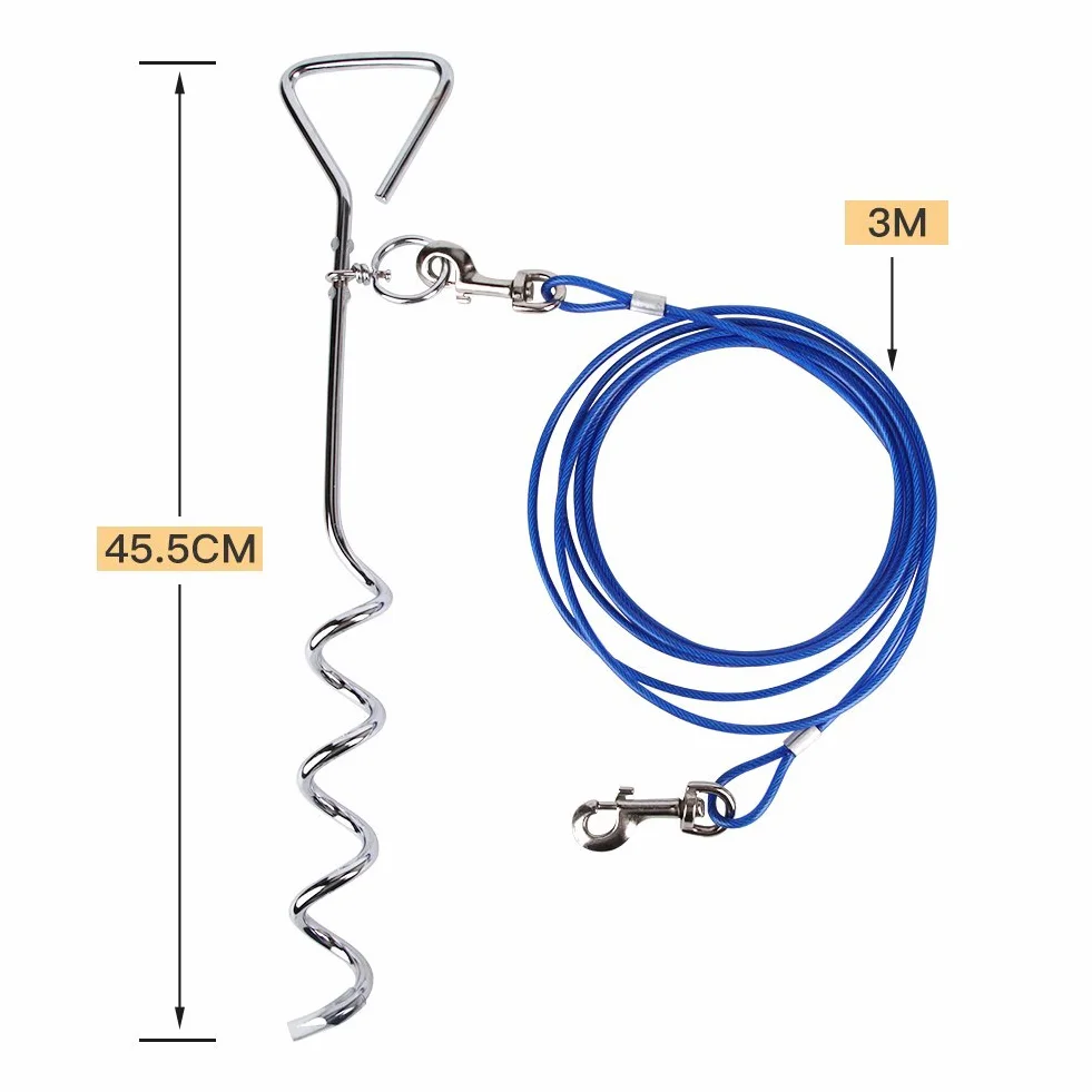 Correa De Perro (3 M / 5M / 10M) con Espiga De Estaca En Tierra Espiral De 46 cm- Salida para Patio Al Aire Libre Y Acampada - Perros PequeñOs A Medianos (3M, Azul)