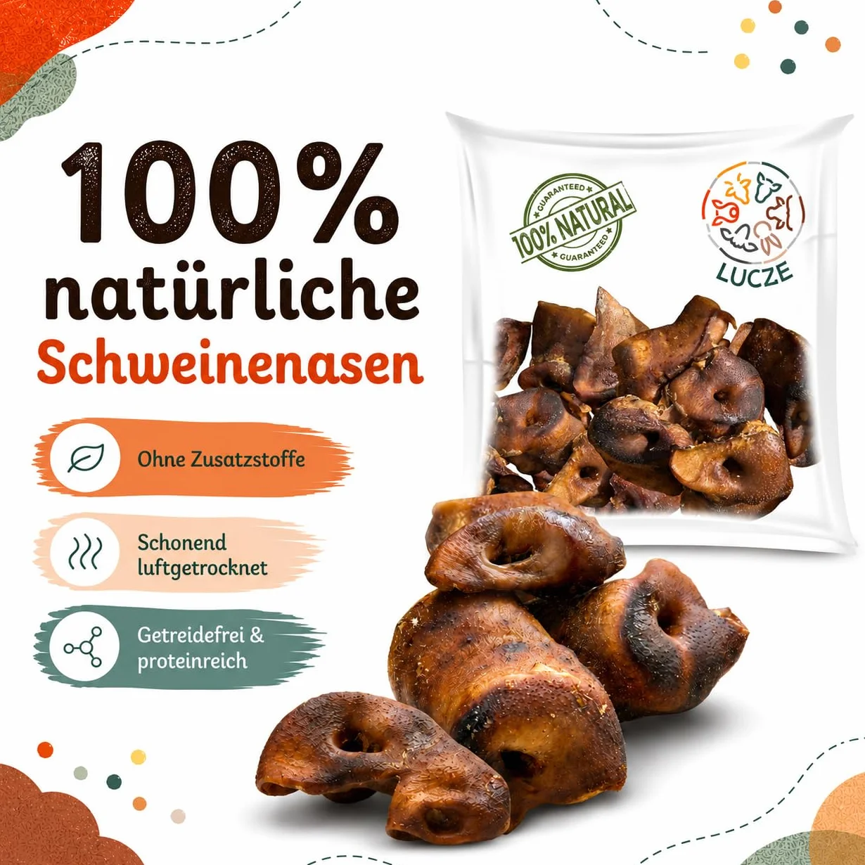 Hocicos de cerdo secos para perros, masticables naturales y aperitivos masticables de cerdo, rico en proteínas, fácil de digerir, sin cereales ni aditivos artificiales, secado al aire, Lucze (1 kg)