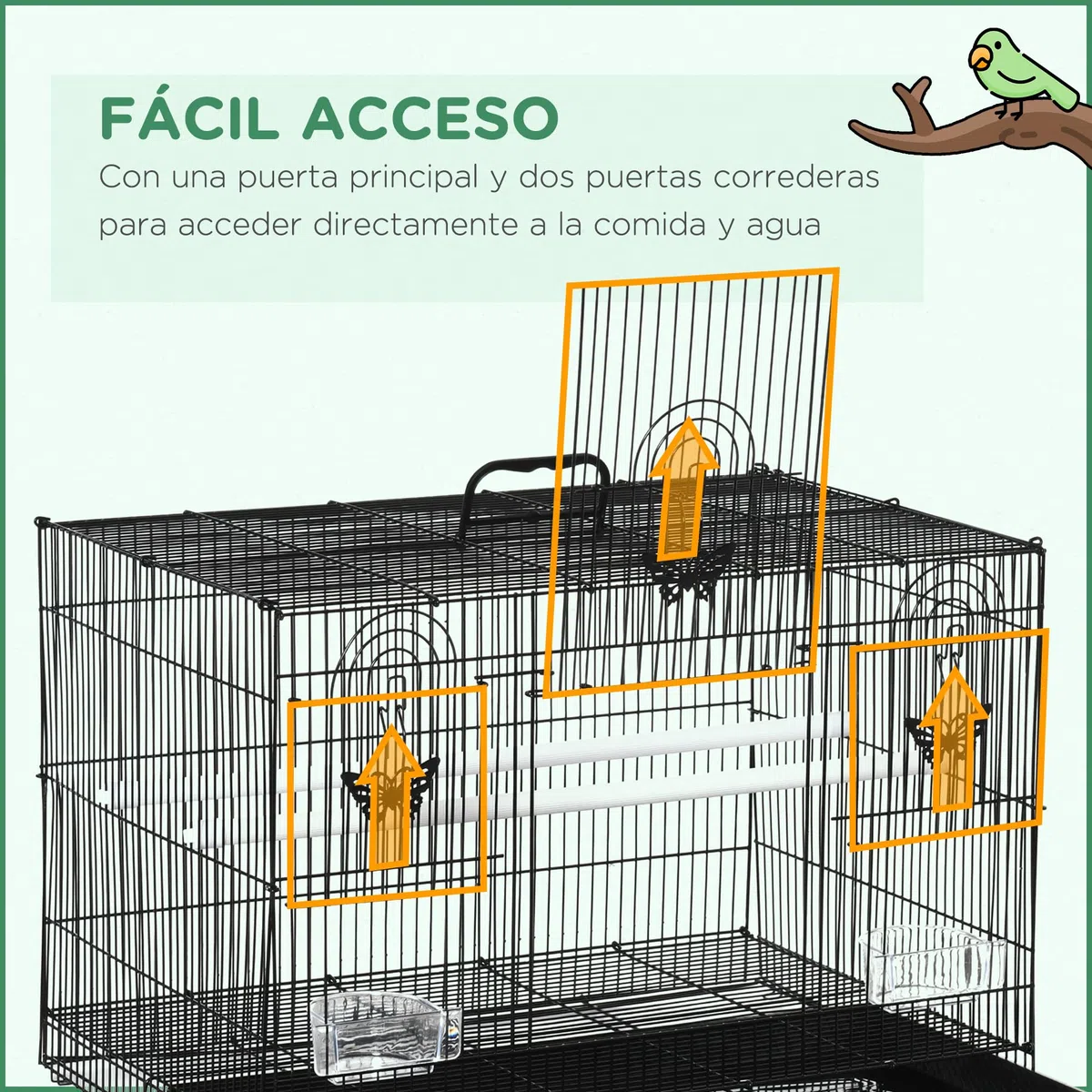 PawHut Jaula para Pájaros 60x41x41 cm Pajarera de Metal con Comederos 2 Perchas 3 Puertas y Asa de Transporte para Pájaros Pequeños Canarios Cotorras Negro