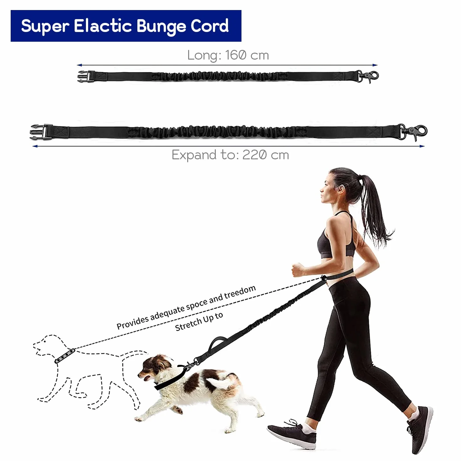 Edipets, Correa Perro Cintura, para Correr, Extensible, Manos Libres, Running, Antitirones, Elástica, Reflectante, 160-220 cm, Paseo, para teléfono móvil (Negro)