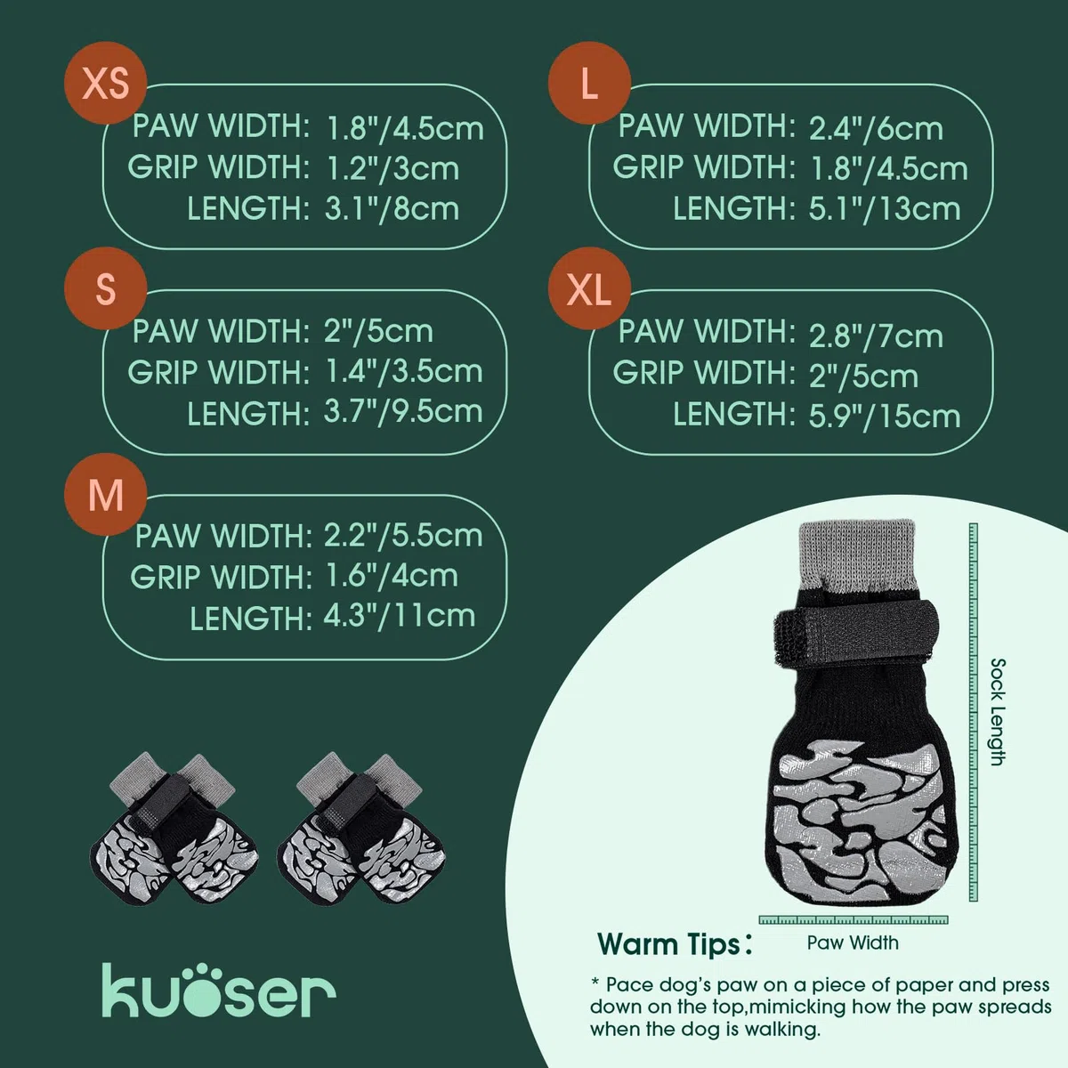 Kuoser 2 pares de calcetines antideslizantes para perros con velcro ajustable, protección de patas para perros de interior, calcetines antideslizantes para perros extra grandes, suela de agarre suave