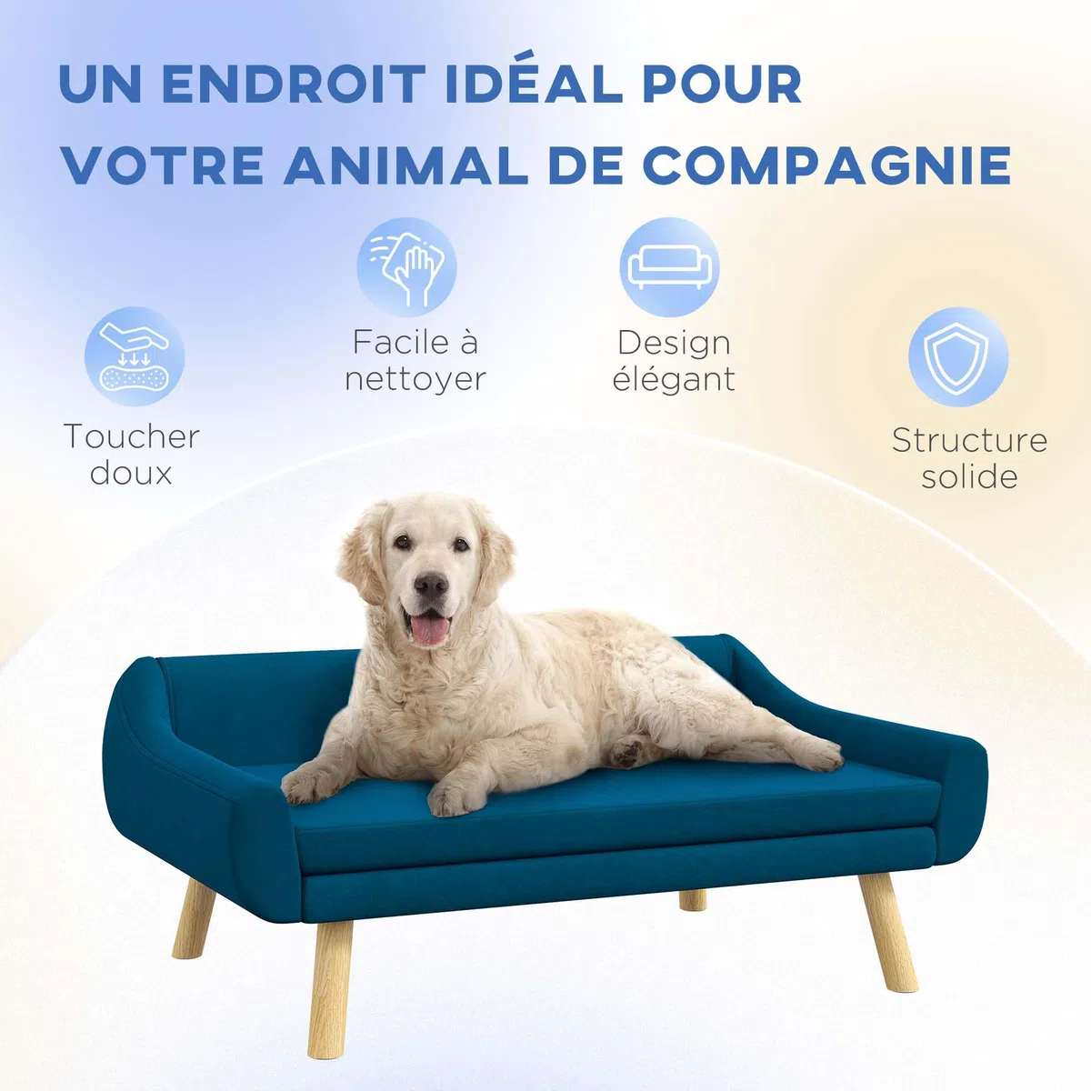 PawHut - Sillon Cama para Perro, Gato, Diseño Escandinavo, Cojín Mullido, Extraíble, Tejido de Terciopelo, Patas de Madera Maciza, 102 x 58,5 x 42,5 cm, Color Azul