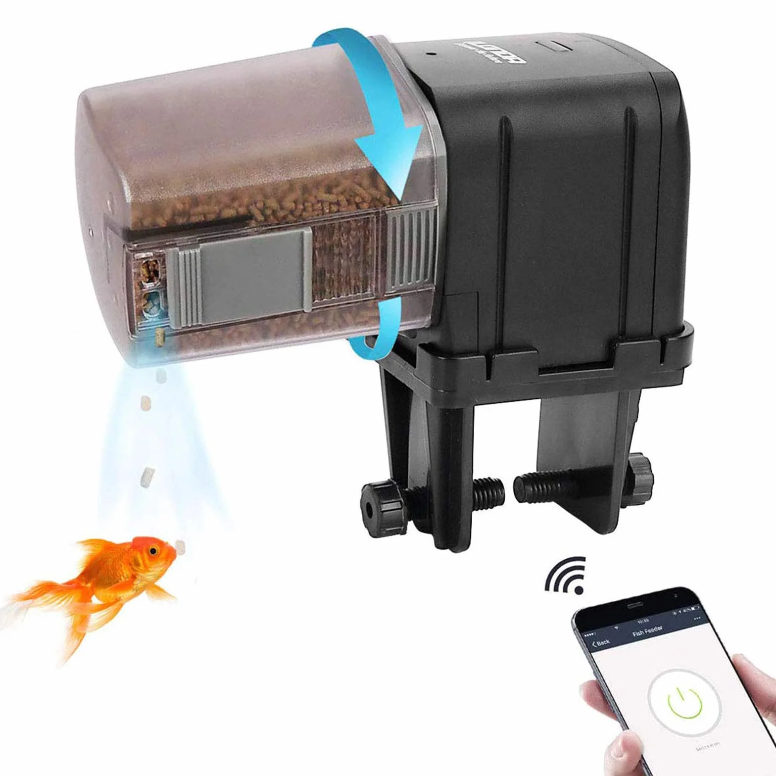 Lychee - Alimentador automático para acuarios, Temporizador controlado por WiFi, dispensador de Alimentos para Peces con Pantalla LCD para peceras, estanques, Vacaciones (Negro)