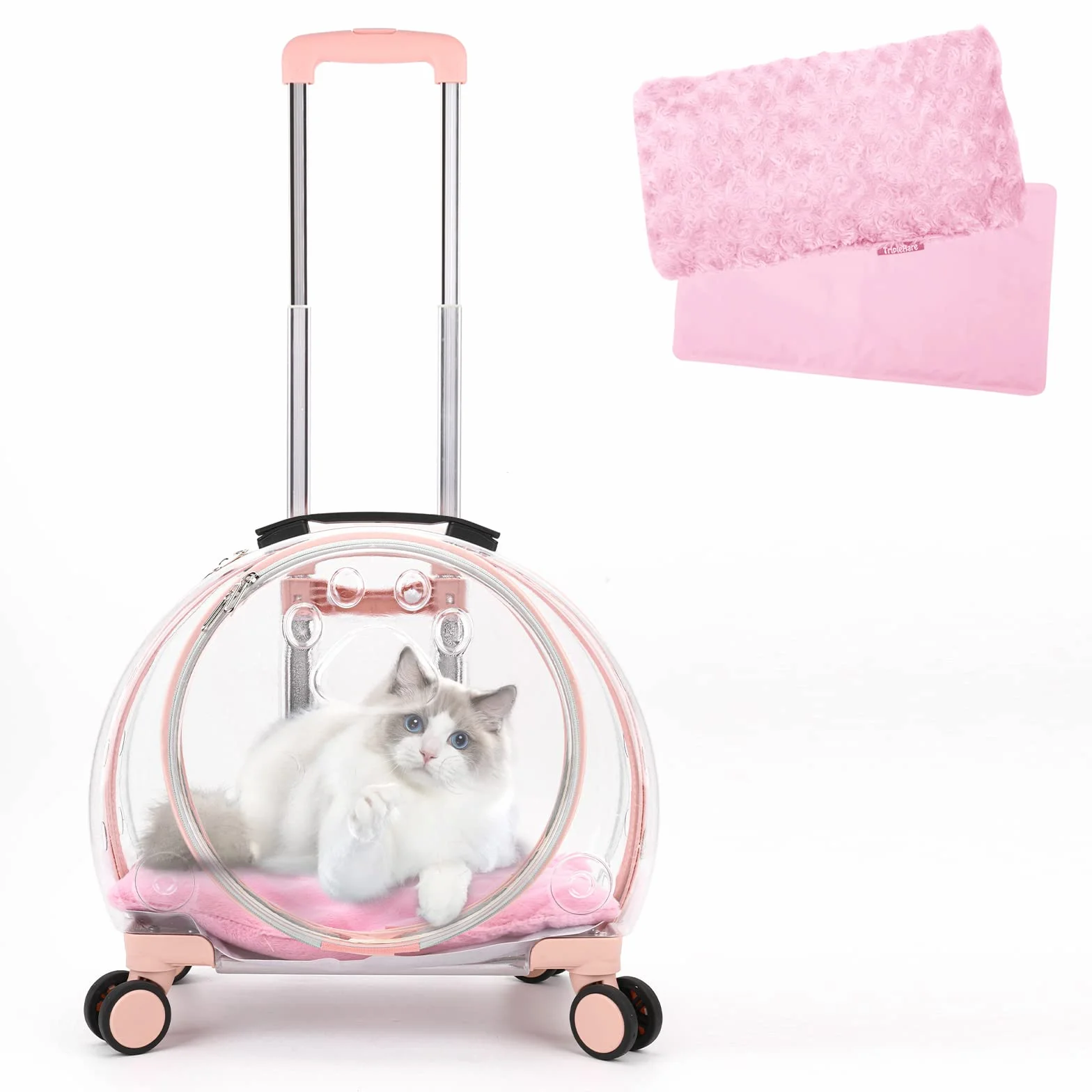 Transportín transparente y totalmente transpirable para gatos con ruedas giratorias para perros, gatos o conejos, más opciones de transporte, perfecto para viajar/hacer un paseo (rosa)