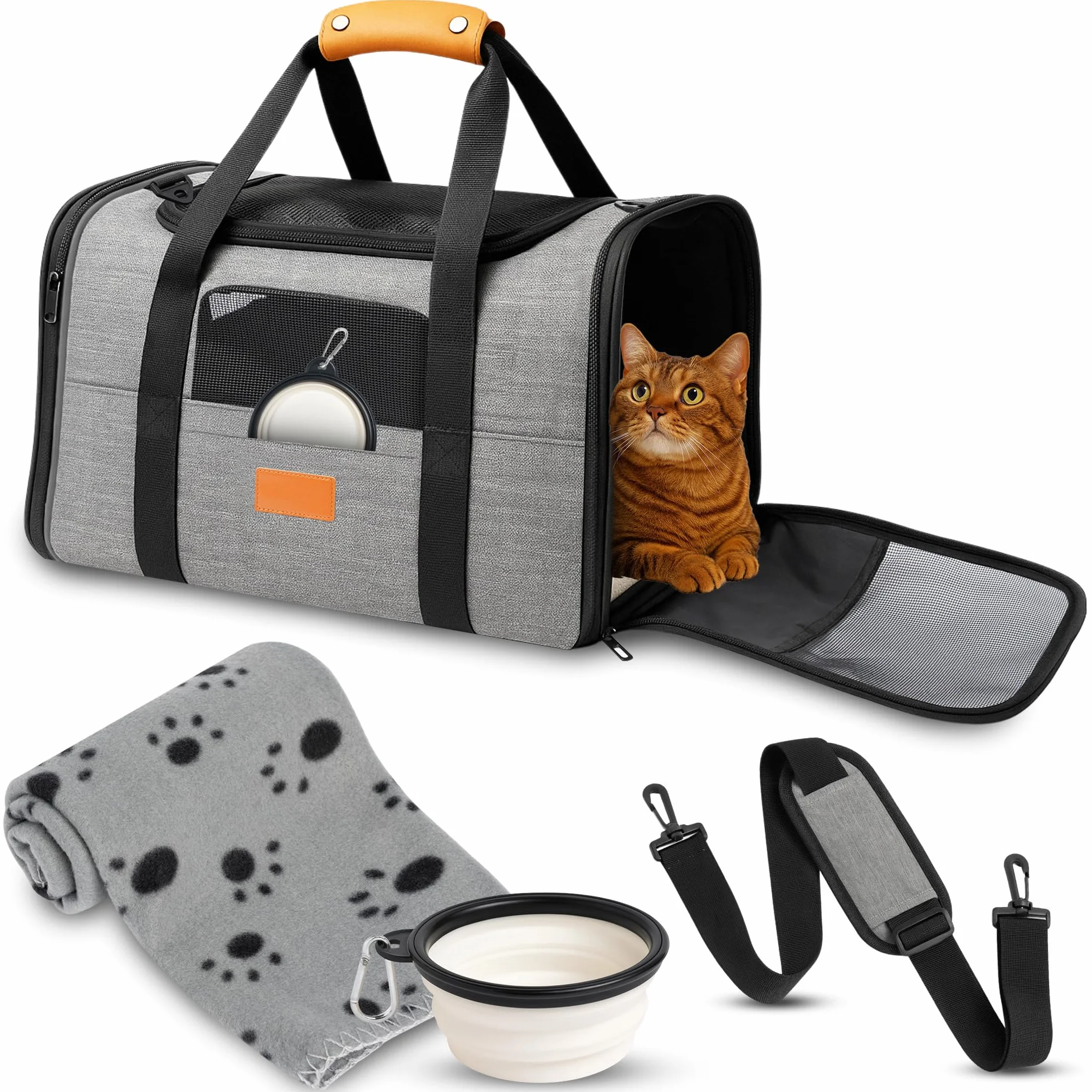 Transportin Gato y Perro - Transportin Perro pequeño y Gato Que Incluye Bebedero Plegable, Manta, Correa para el Hombro y Base Acolchada - Plegable y homologado para el avión.