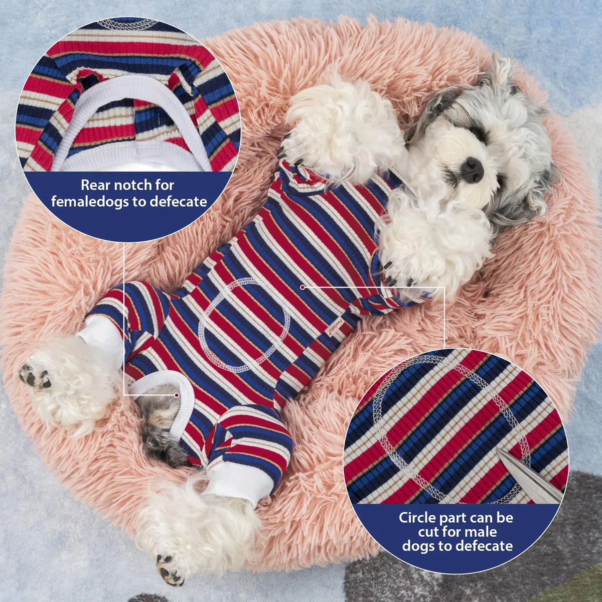 Body Perro Post Cirugía Hembra Macho Traje de Recuperación para Perros Manga Larga a Rayas Body Post Quirurgico Cachorro Pijama Camiseta Médica Gatos Protección de Heridas, Azul-Rojo L
