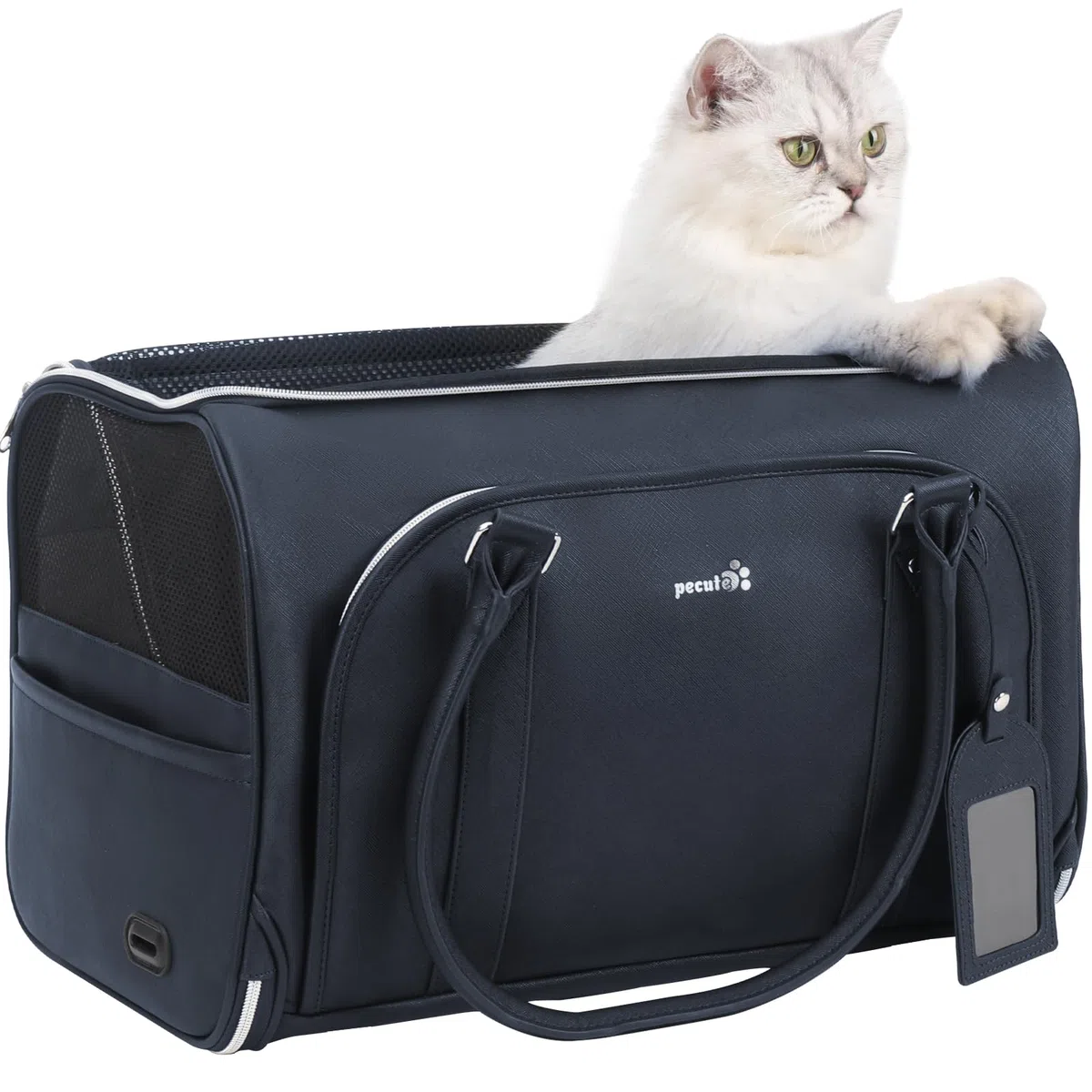 Pecute Transportin Gato de Moda, imitación de Cuero Artificial de Tela transportin Perro, Cremallera de Bloqueo, para Viajar, Utilizar el Transporte público o acudir a Citas médicas, Azul Marino