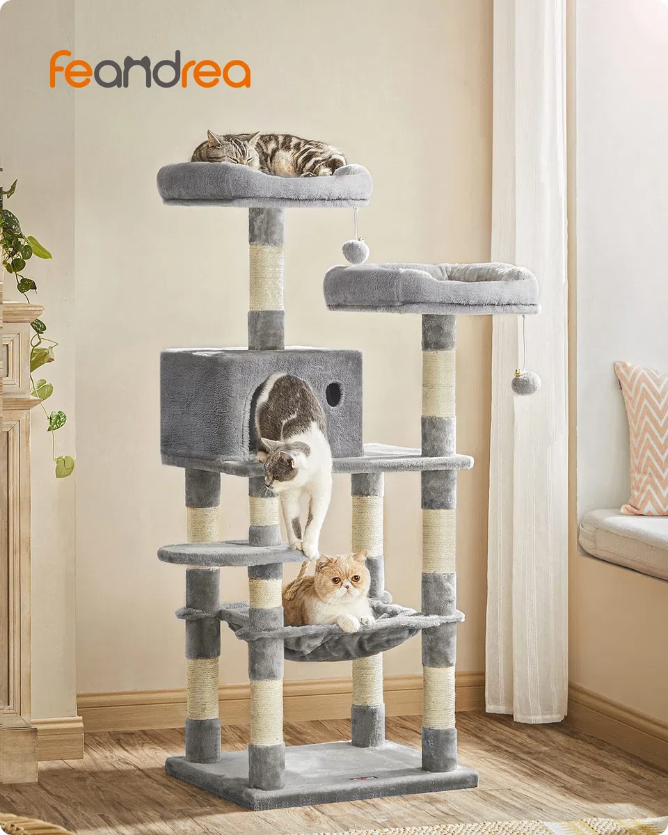 Feandrea Árbol para Gatos de Altura 143 cm, Torre para Gatos, con 11 Postes Rascadores, 2 Plataformas, 1 Cueva, 1 Hamaca, 2 Pompones, Tela de Felpa, Multinivel, Gris Claro PCT15W