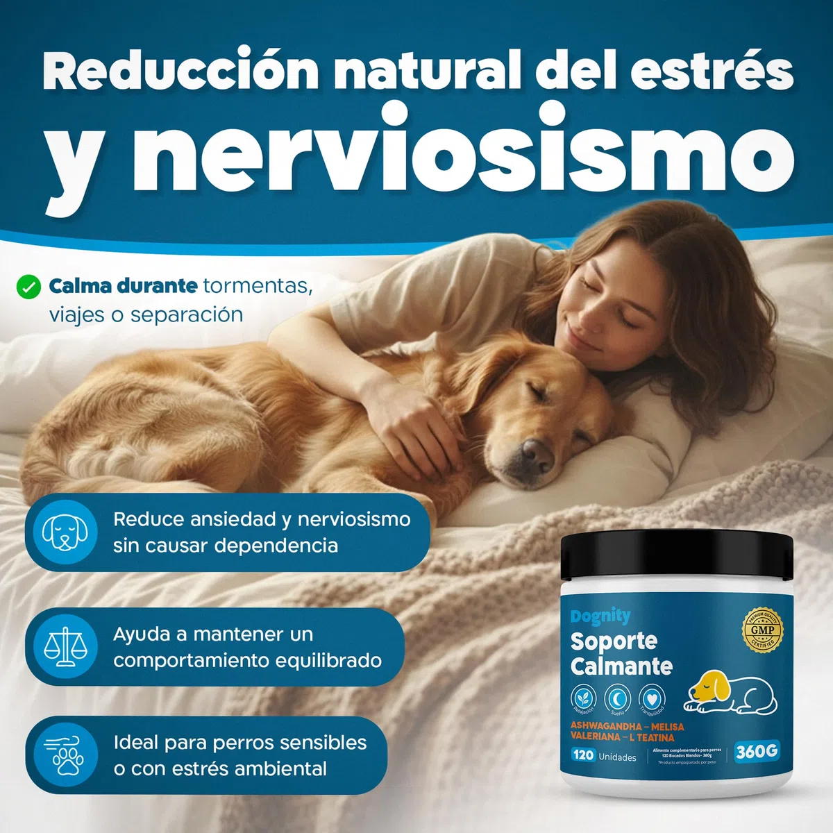 Calmante Perros Bocados Ansiedad Separación Estrés Petardos Triptófano GMP+ | Suplemento Natural con Valeriana Ashwagandha Magnesio Melisa L-Triptófano 5 Activos Naturales para Calma Emocional Blandos