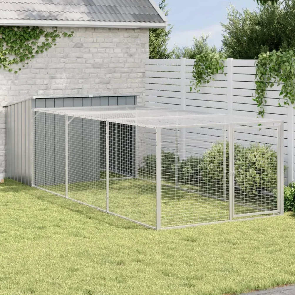 vidaXL Caseta Perros con Corral Acero galvanizado Gris 153x396x110 cm