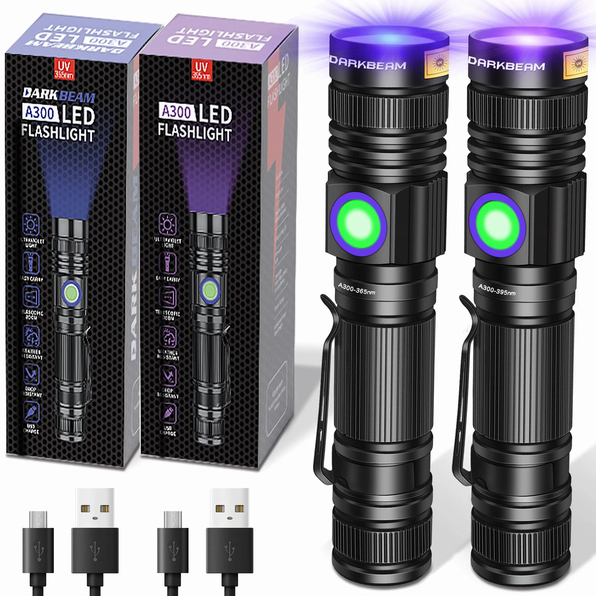 DARKBEAM Linternas UV Ultravioleta 365nm y 395nm Recargable Linterna Luz Negra, Lámpara de Wood LED Mini Portátil con Clip, Detector para Tiña de Mascotas, Orina, Gemas, Curado de resina, 2 paquetes