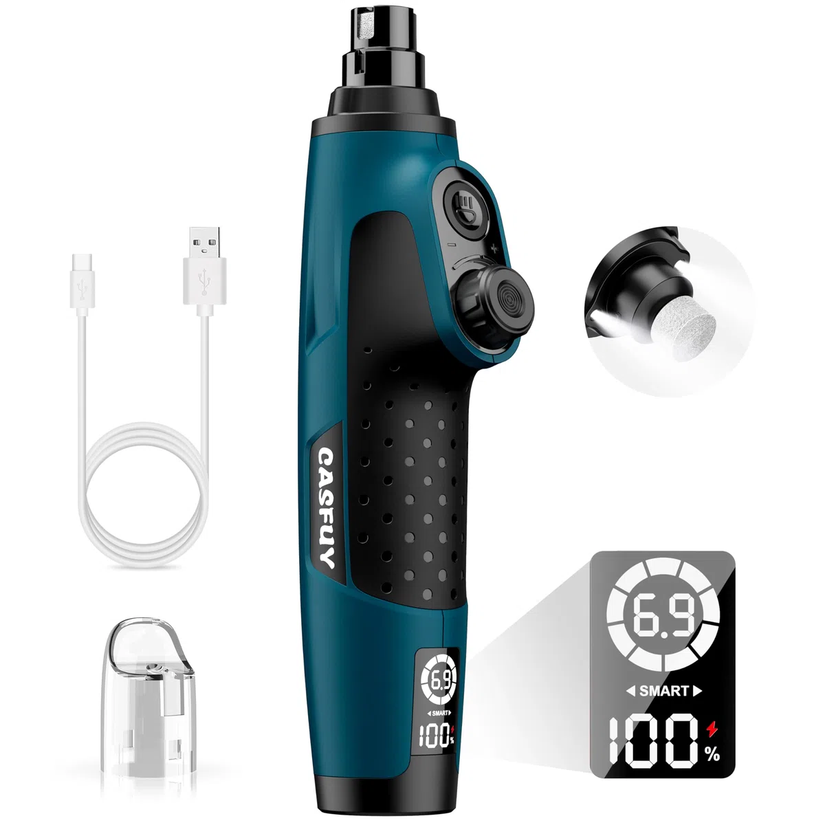 Casfuy - Molinillo de uñas Inteligente de 6 velocidades para Perros, 50% más de Potencia con 2 Luces LED silenciosas y Recargables para Perros y Gatos de tamaño pequeño, Mediano y Grande