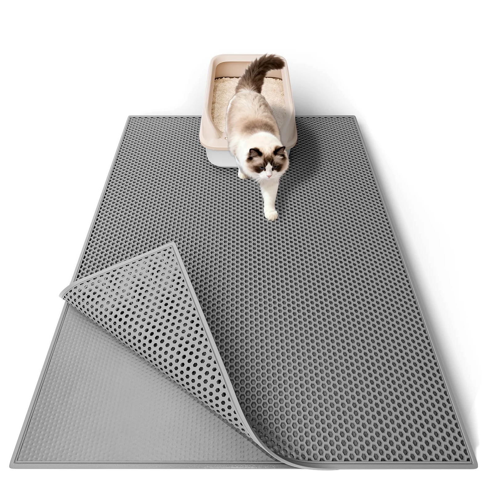 Garoopion Alfombra Arenero Gato, 76x61cm Alfombrilla Arenero Gato, Impermeable Alfombra Arena Gatos, Diseño de Doble Capa en Forma de Panal, Gris, 1 Lado Conectado