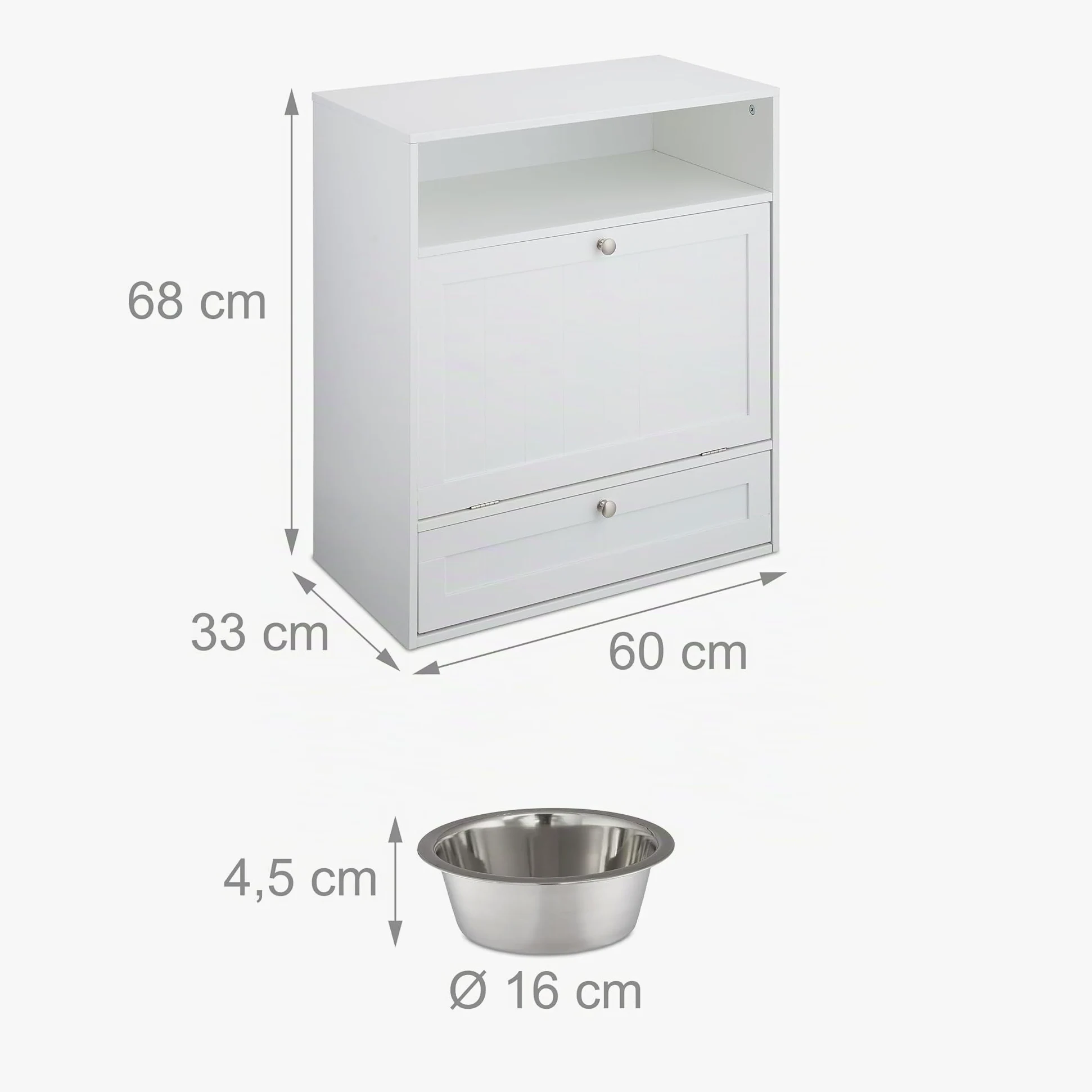 Relaxdays Armario de Comida para Perros, Cajón con 2 Tazones, Espacio para Pienso, 68x60x33cm, MDF, Blanco