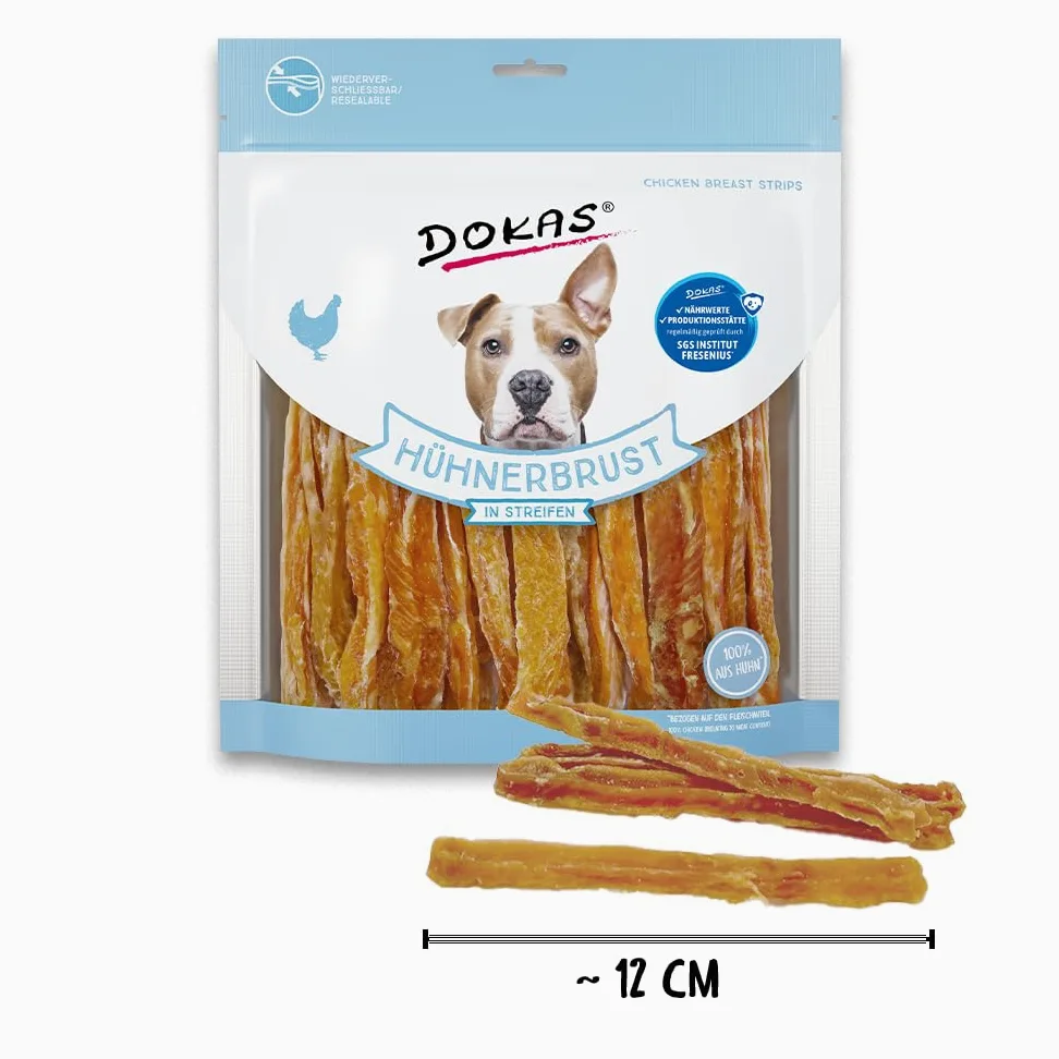 Dokas Dog PECHUGA DE Pollo en Tiras | 5 x 500 g | Alimento complementario para Perros | Pechuga de Pollo deshidratada en Tiras | Apto para Perros de Todos los tamaños y Razas