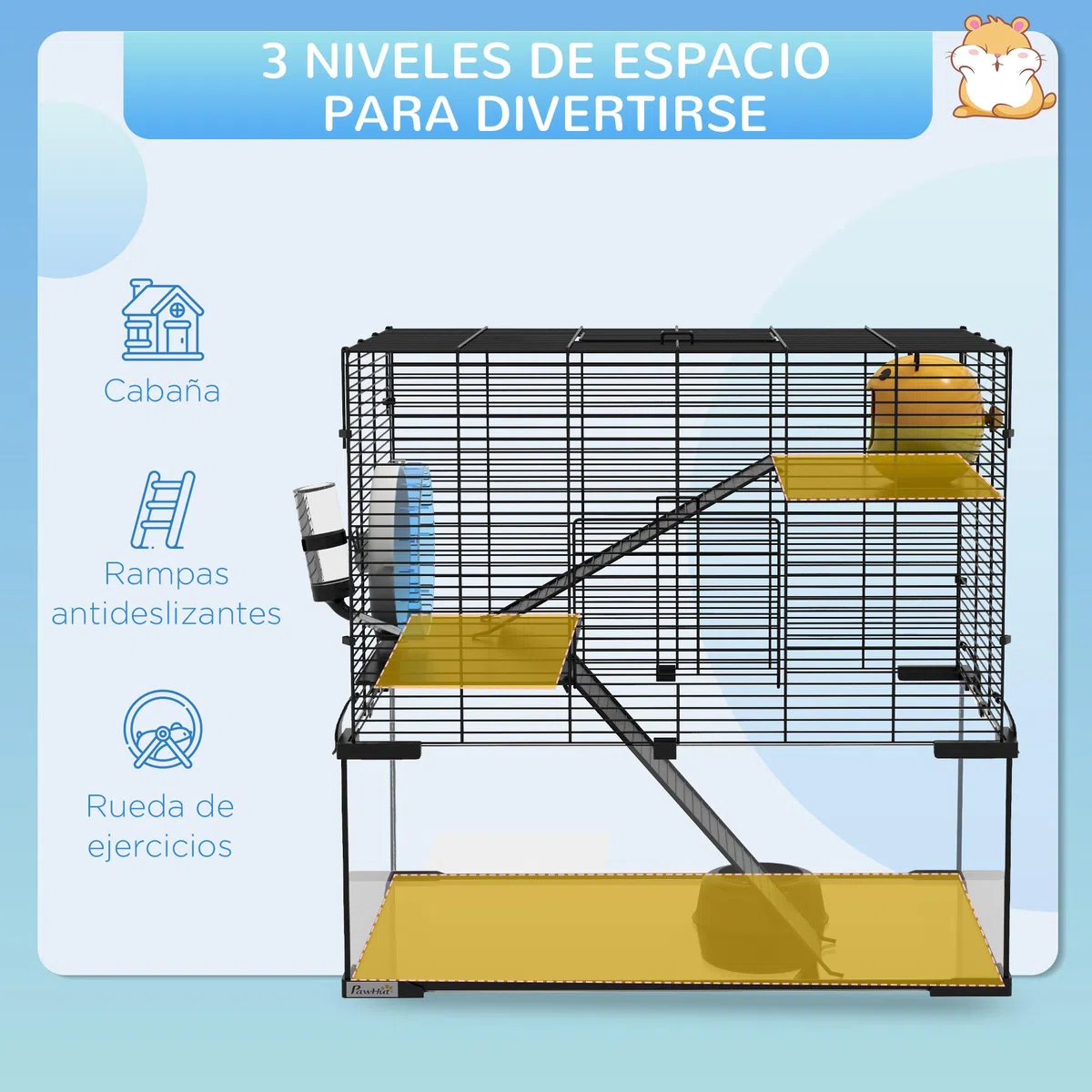 PawHut Jaula para Hámster Casa para Animales Pequeños con Fondo de Vidrio Plataformas Cuenco Bebedero Casita Rampas y Rueda de Ejercicio 60x40x54,5 cm Negro