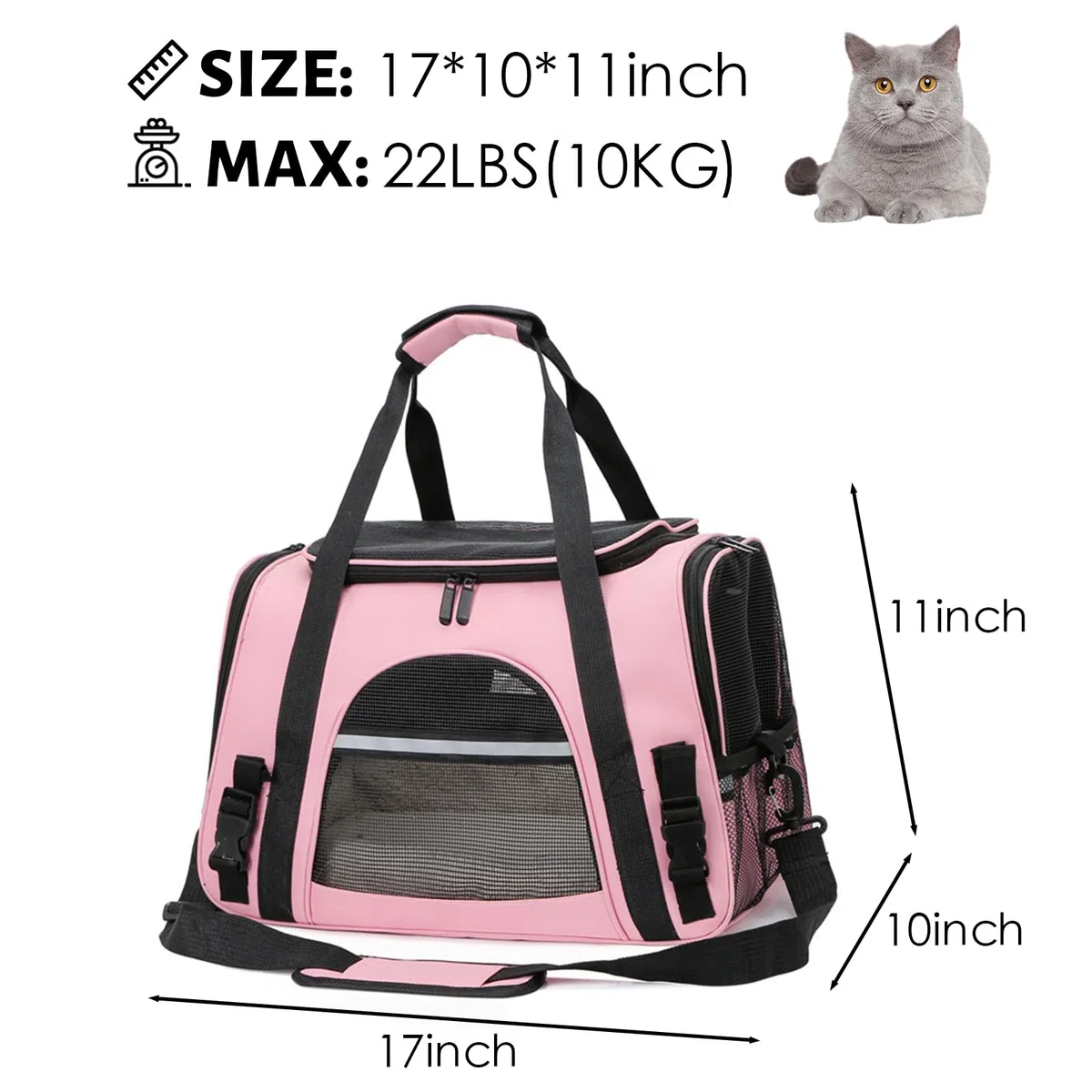 Bolsa de transporte para gato, perro, caja de transporte transpirable, jaula de transporte plegable con alfombra extraíble, cesta de transporte con correa ajustable desmontable, bolsa de mano gato