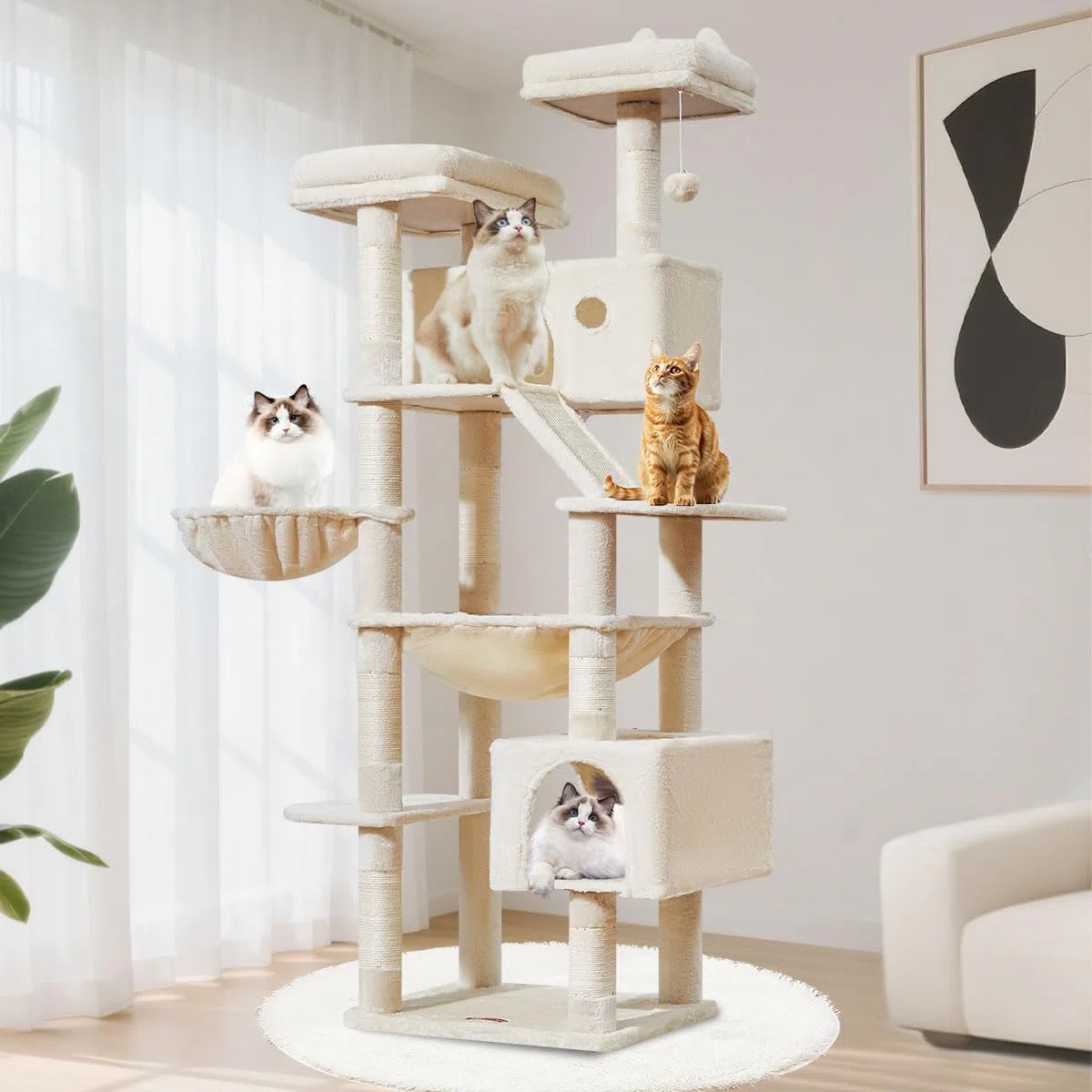 TaoqimiaoRascador para Gatos Grandes, 180CM Estable Arbol Rascador para Gatos com Cuevas, Cesta, Hamaca, Postes, MS026LM Beige