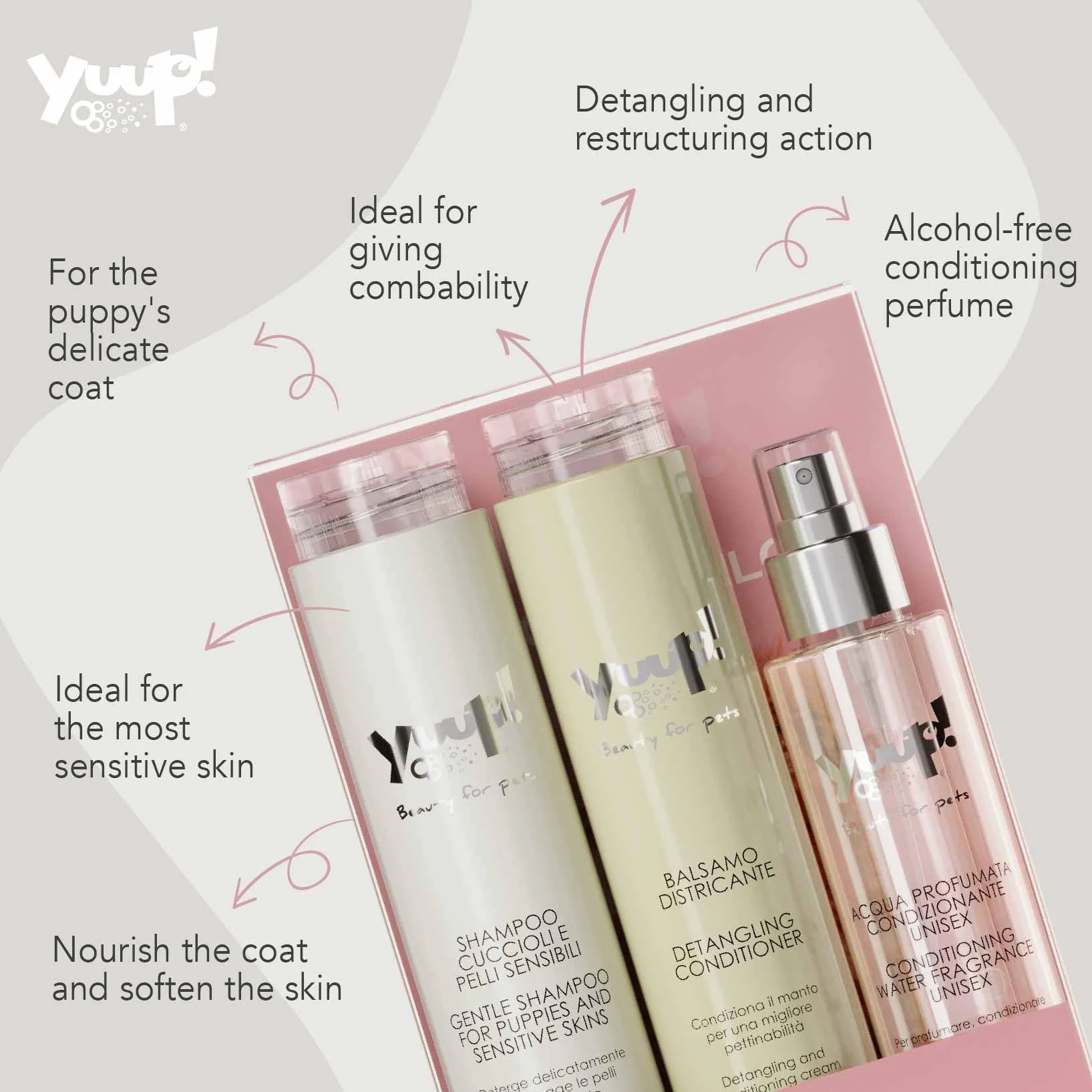 YUUP! – Kit Cachorro | Champú para Cachorros y Pieles sensibles, Acondicionador desenredante y Agua Perfumada, Ideal también para Gatos