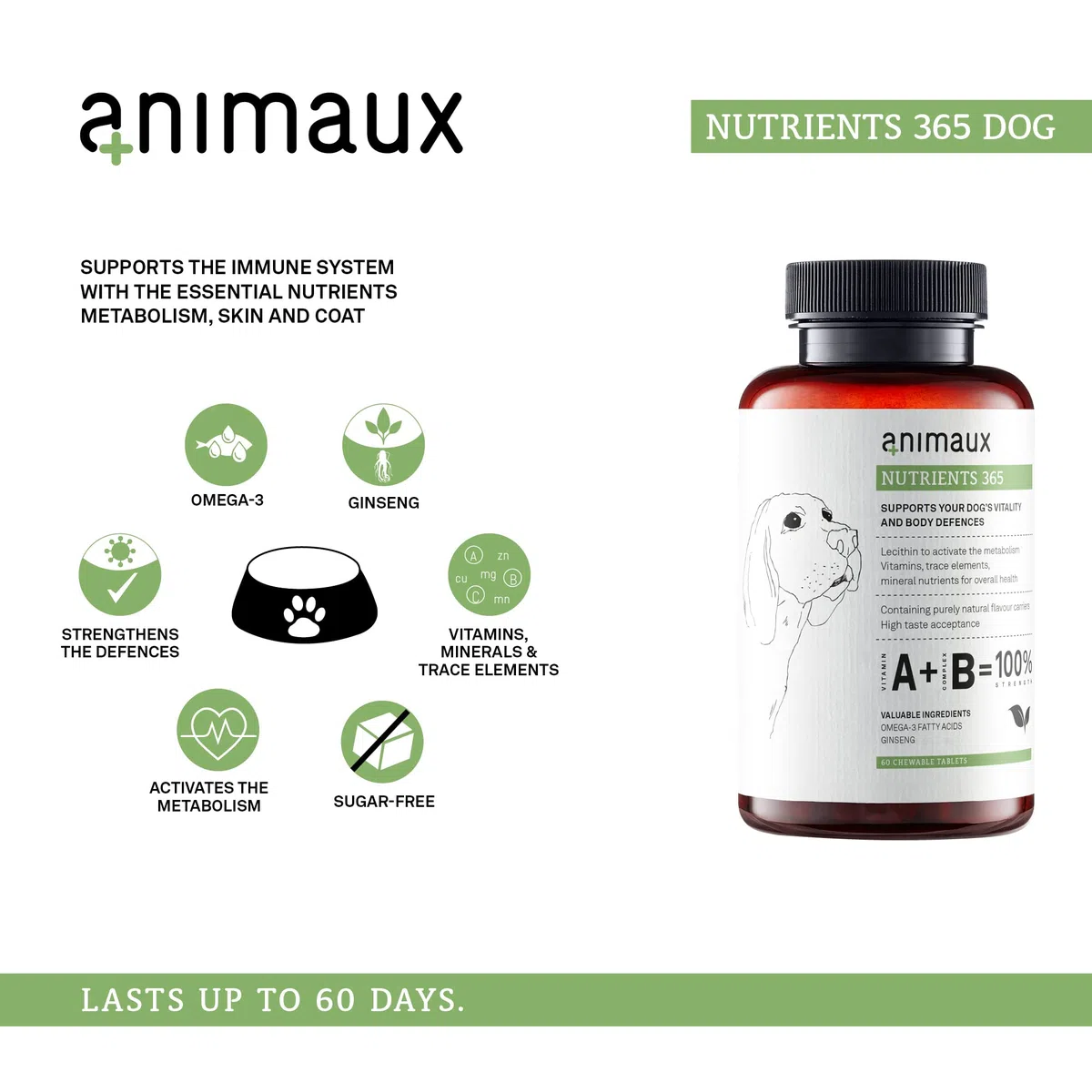 Animales nutrientes 365 – 60 Comprimidos masticables – Vitaminas para Perros, Apoyo al metabolismo, Sistema inmunológico y Peeling, con Complejo de vitaminas B, Omega 3, Ginseng y Más