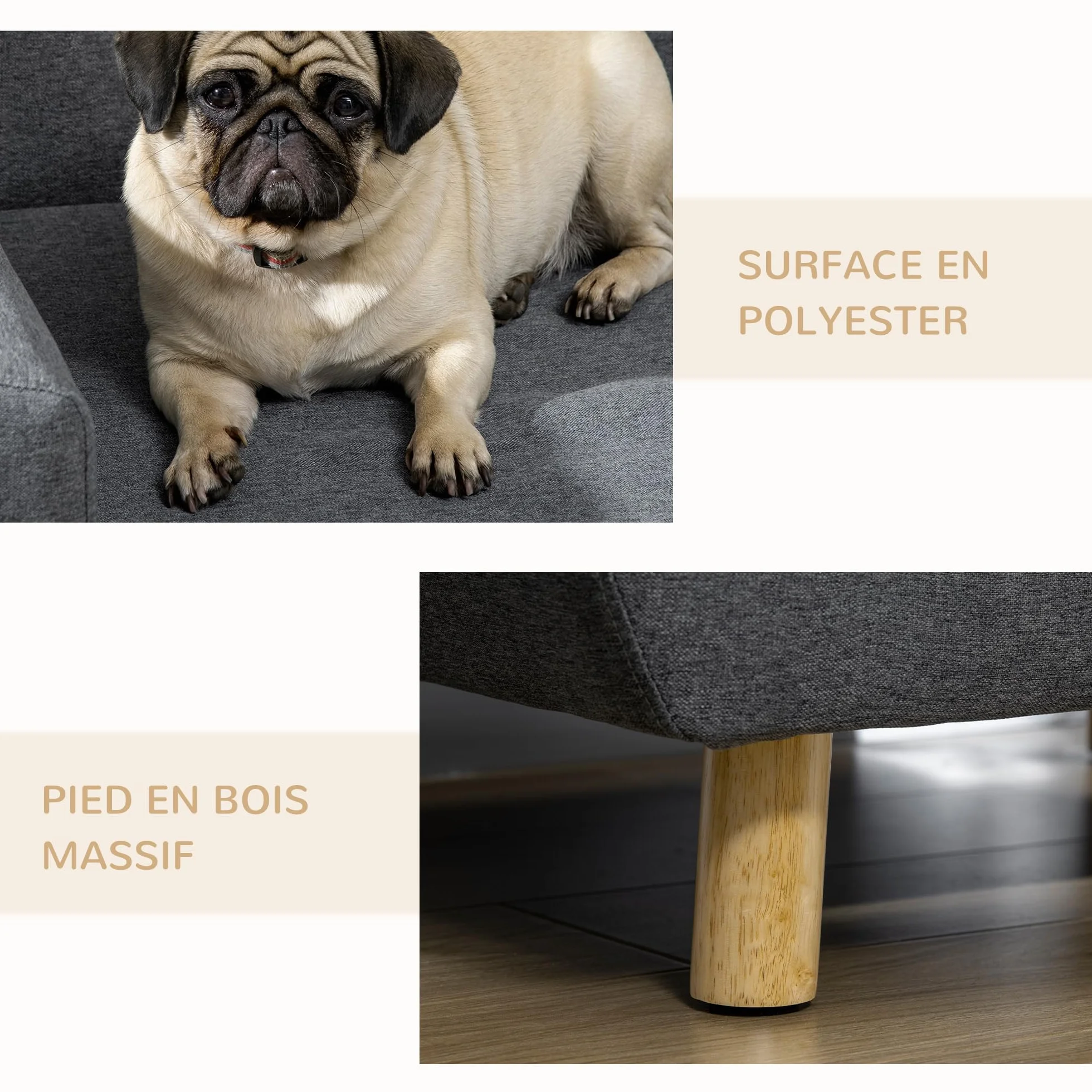 PawHut - Sofá para perro, diseño escandinavo, cojín suave, patas de madera maciza. 87 x 61 x 36 cm Poliéster Gris
