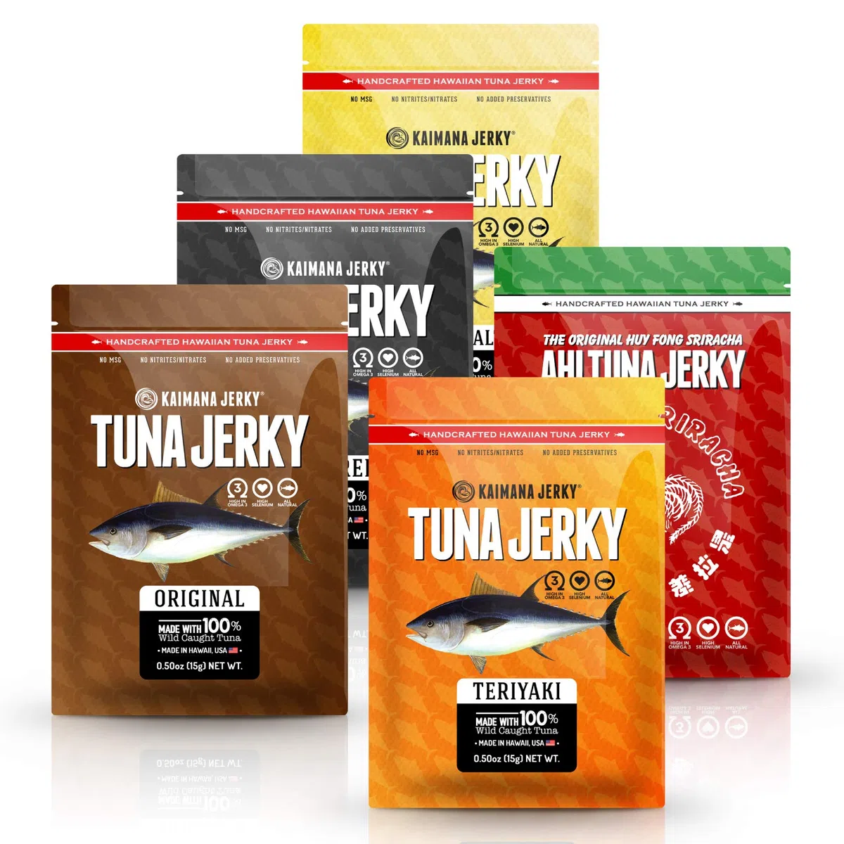 Kaimana Jerky Ahi - Paquete de muestras de atún - Cecina de atún natural y silvestre capturada en Estados Unidos. 9 g de proteína y buena fuente de omega-3 (paquete de 5, 1/56.7 g)