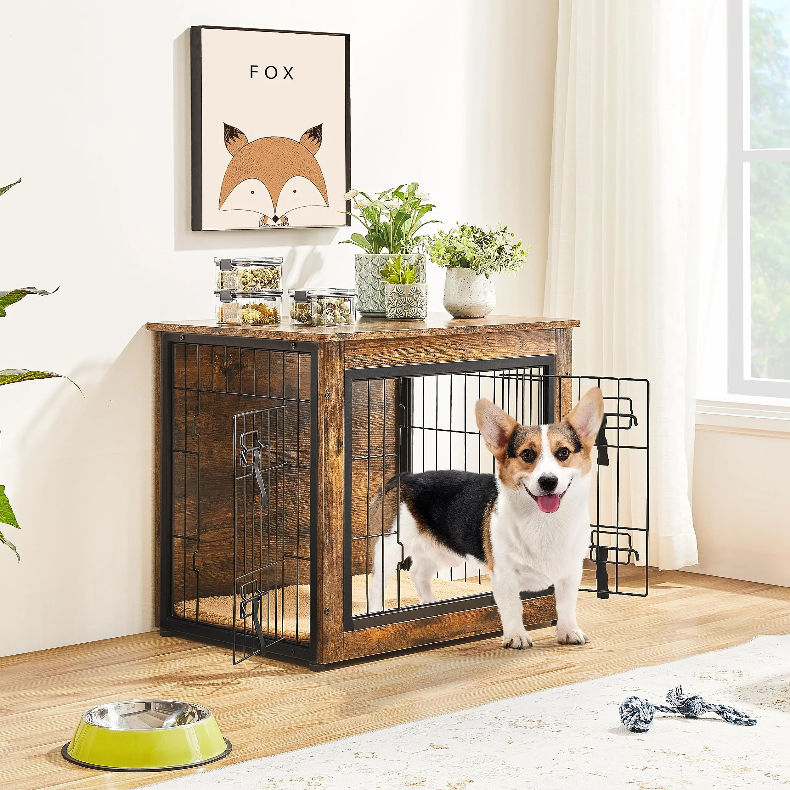 Yaheetech Jaula para perros de madera, estilo mueble, jaula para mascotas con 2 puertas y cojines, moderna caseta para perros pequeños/medianos de hasta 61 kg, 69 x 51 x 61 cm, color marrón