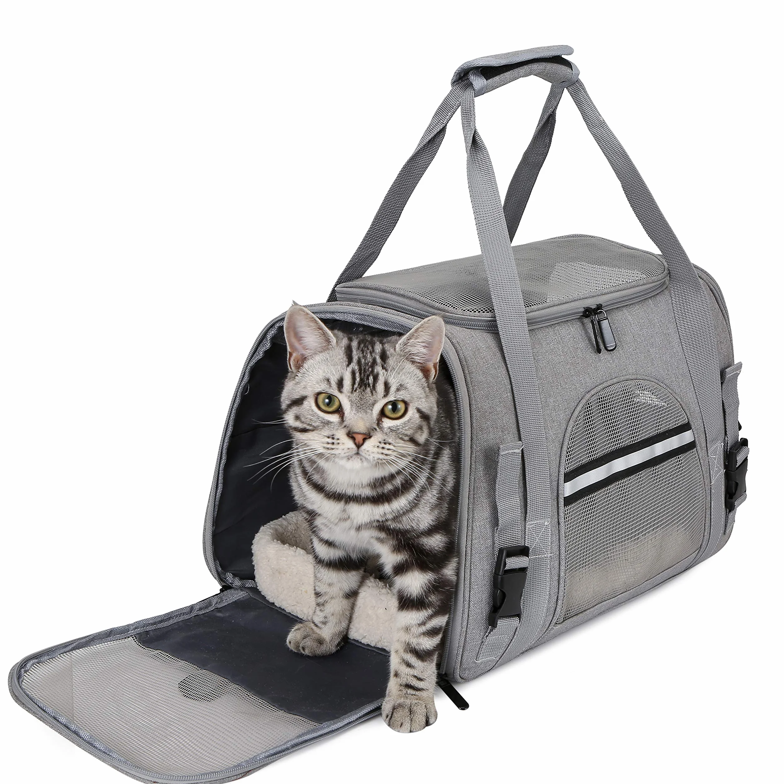Transportín Gato Perro, Bolsa de Transporte Plegable para Mascota de Viaje Portátil y Transpirable con Correa Interior de Seguridad
