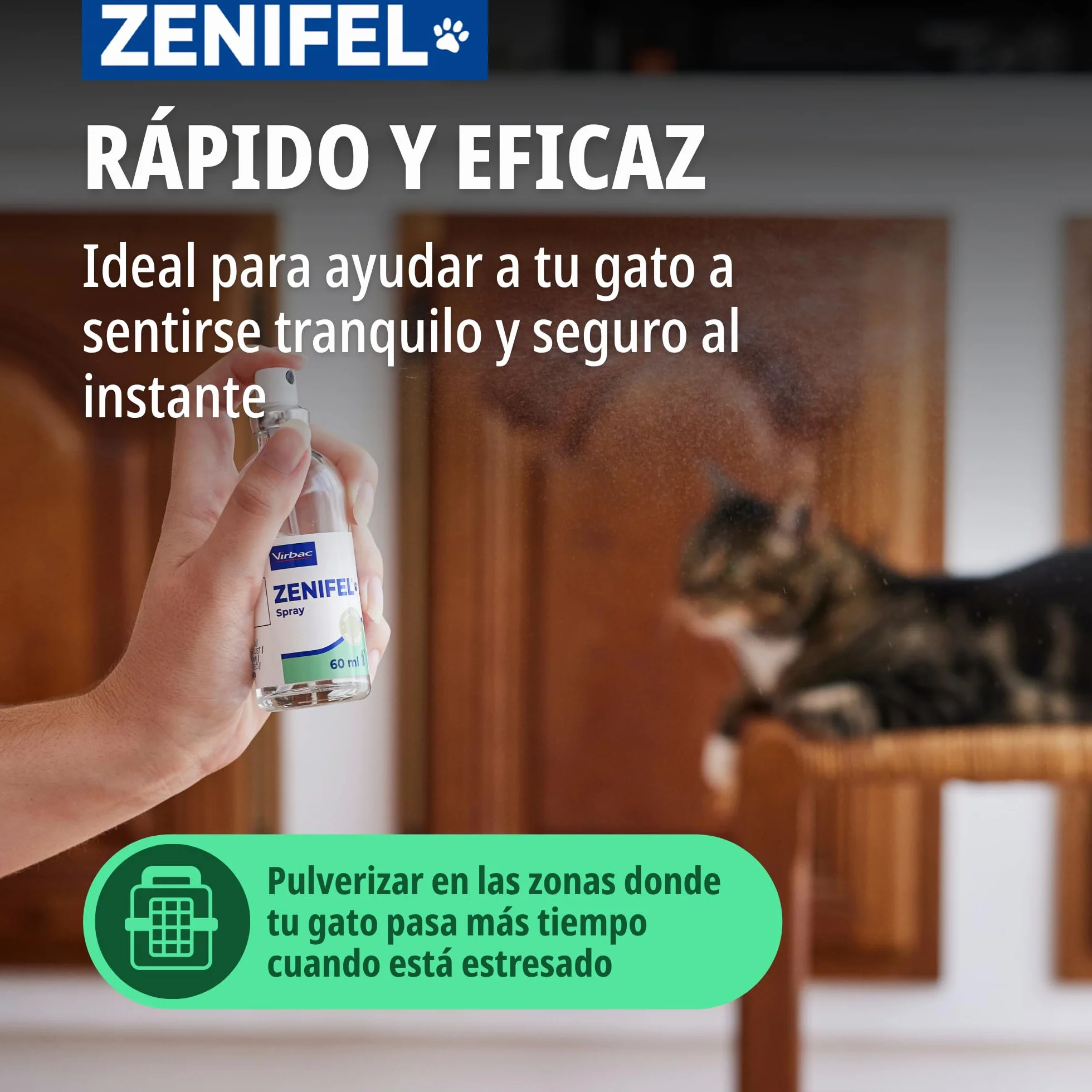 Virbac Zenifel Spray feromonas para Gatos - Antiestrés con feromonas y Catnip - Spray Relajante de acción rápida - 60ml