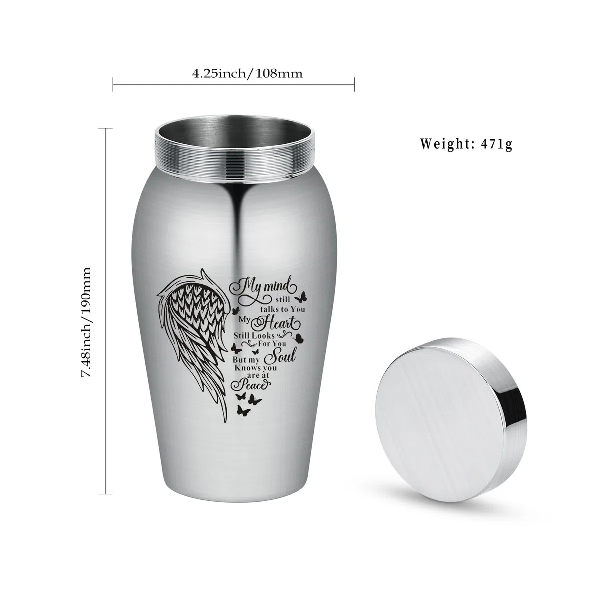 Urna de acero inoxidable con forma de corazón de ala pulida para cenizas de cremación (corazón de ala)