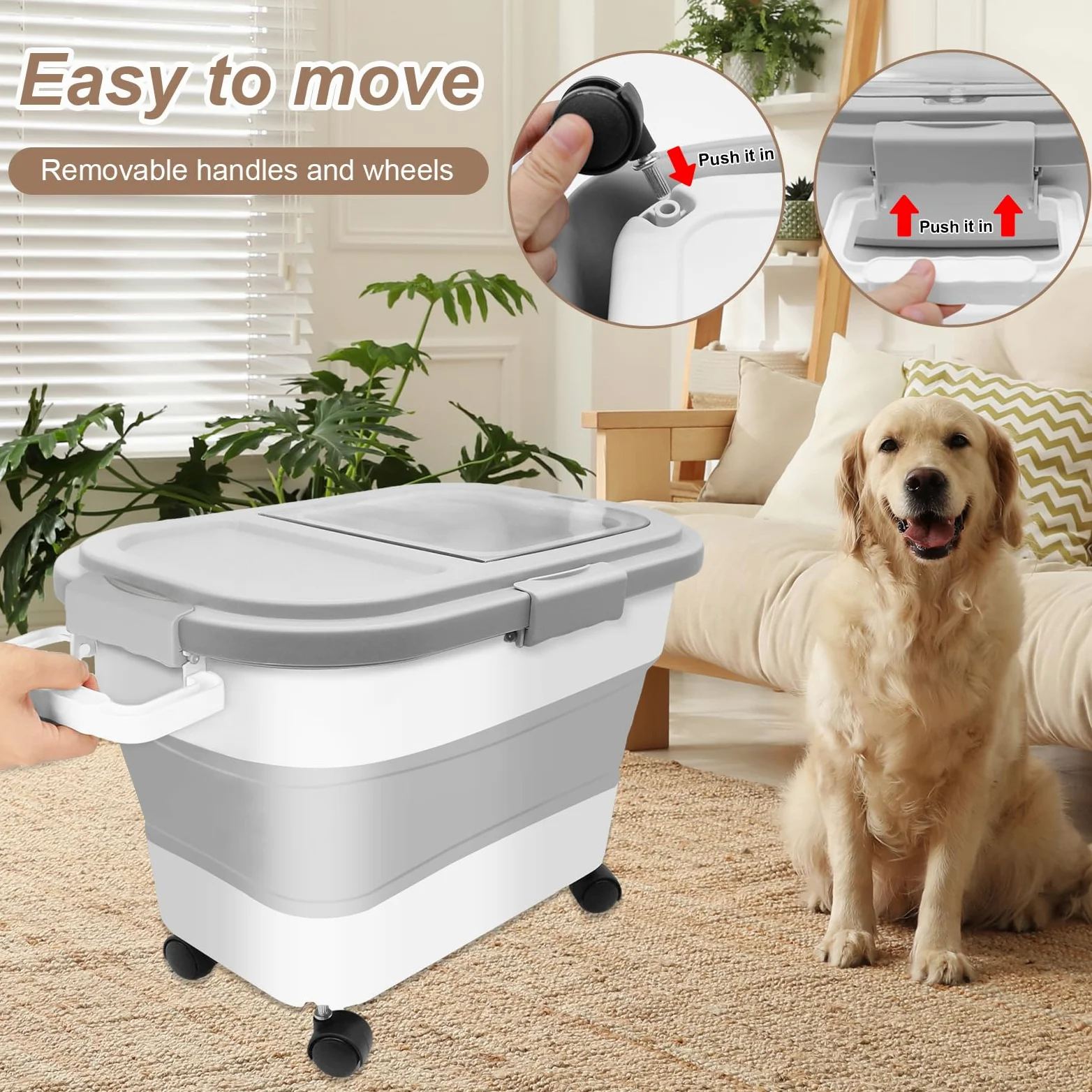 Contenedor Plegable para Alimentos de Mascotas 7-10kg, Contenedor de comida para perros, Recipiente Hermético con Ruedas, Cuchara Medidora, para Guardar Croquetas y Mantener su Frescura