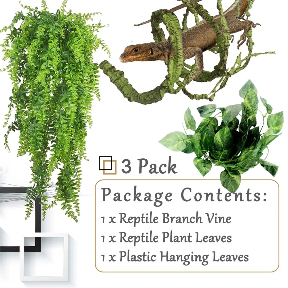Hamiledyi Plantas de reptiles flexibles para trepar en la selva, rama de terrario, hojas de plástico flexible, decoración de hábitat para mascotas, dragón barbudo, lagarto, rana, serpiente, accesorios