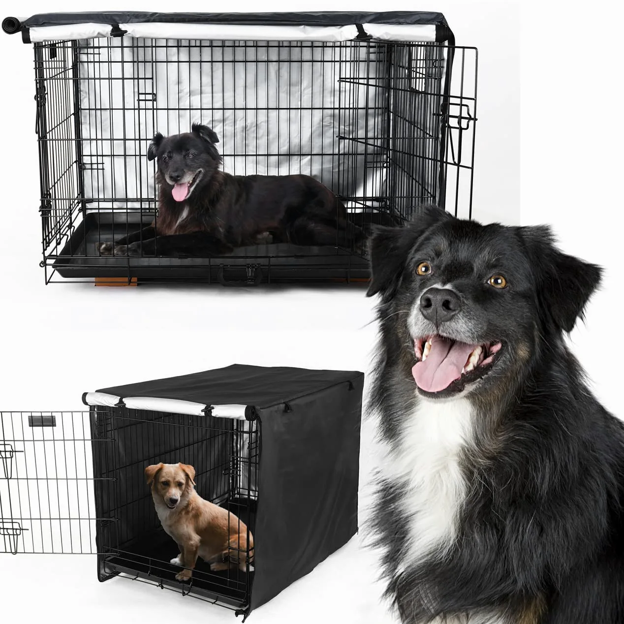 Cubierta de Jaula Perro Impermeable Doble Puerta para Perros Prueba de Vientos Durable 420D de poliéster Jaula protección Interior al Aire Libre Cubierta Negro 48 Pulgadas