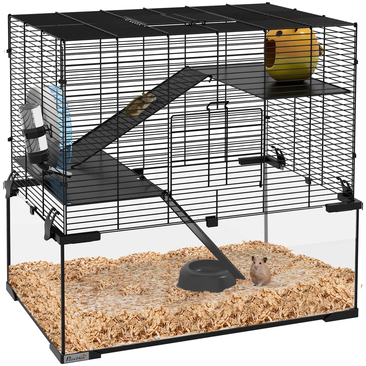 PawHut Jaula para Hámster Casa para Animales Pequeños con Fondo de Vidrio Plataformas Cuenco Bebedero Casita Rampas y Rueda de Ejercicio 60x40x54,5 cm Negro