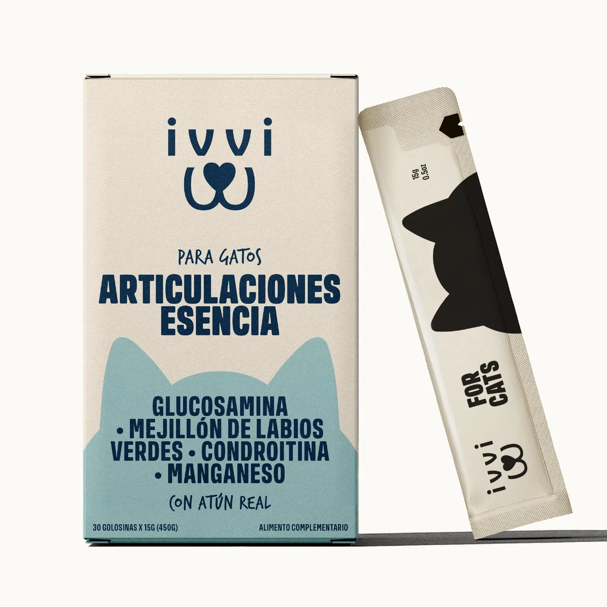 ivvi Hip & Joint Essence para Gatos – Crema Funcional para Las Articulaciones con Glucosamina, Condroitina, Mejillón de Labios Verdes y Aceite de Salmón – Ayuda Articular – 30x15g – con Atún Real