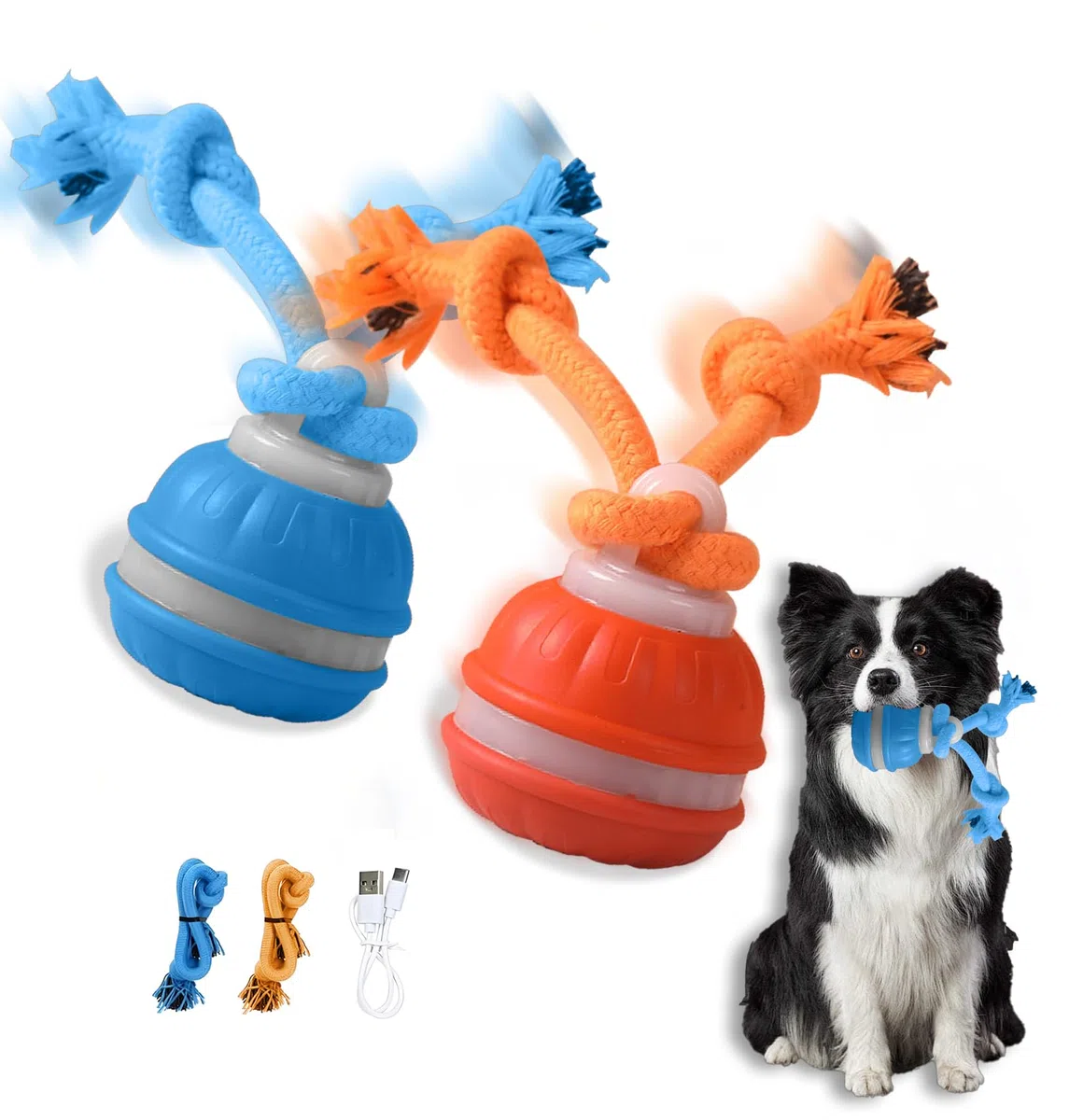 Juguetes para Perros, Pelotas para Perros Interactivos, Juguetes Perro de Salto Automático, Inteligente Pelota Interactiva Perro con Cuerda para Pequeños y Medianos (Azul+Naranja)