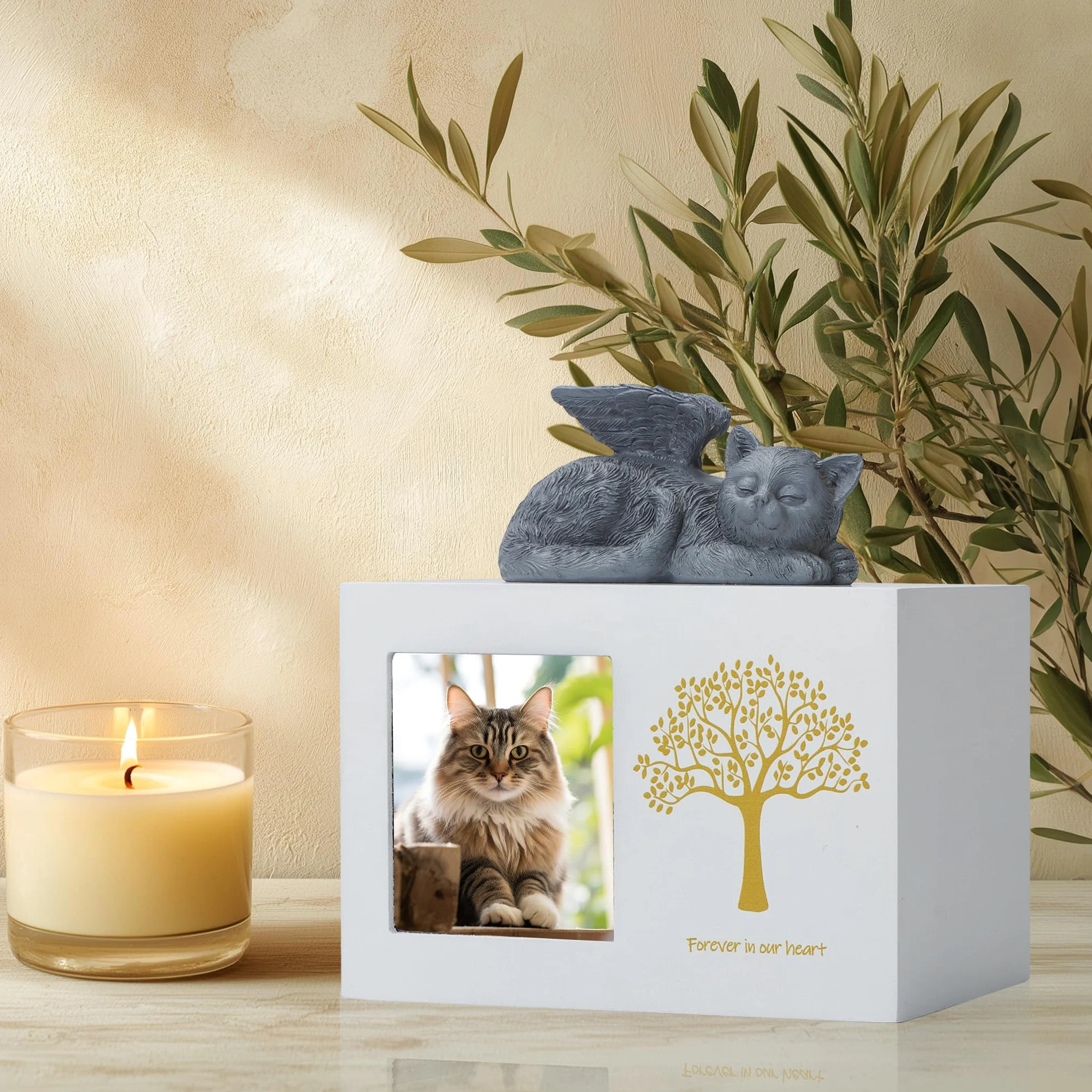 Cajas de cremación para mascotas, urna blanca de madera para restos, incluye estatua de ángel de gato de resina y bolsa