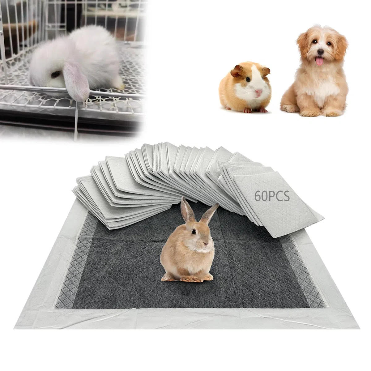 Almohadillas para Pipi de Conejos, Forros Desechables para Jaulas, 60 Piezas Almohadillas Higiénicas Absorbentes para Cobayas Cachorros Chinchillas Hamsters Hurones Erizos Gatos (60x45cm)