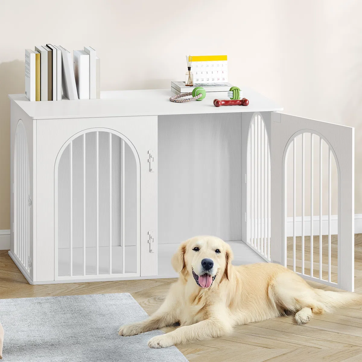 Hzuaneri 108 cm Jaula para Perros, Mesa Auxiliar, Casa Moderna para Perros, Jaula Perro Grande para Casa de Madera, Dúplex para Animales, 3 Puertas, Puerta Arqueada, 64 x 108 x 76 cm, Blanco